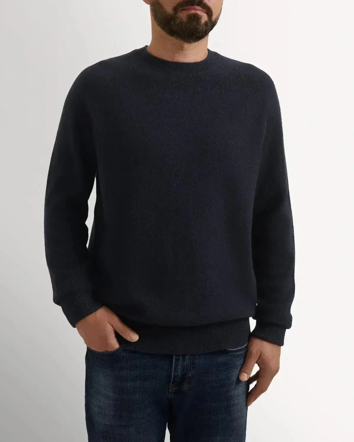 Bernard Weatherill Lambswool Plain Crew Neck Knit Navy - Image 2