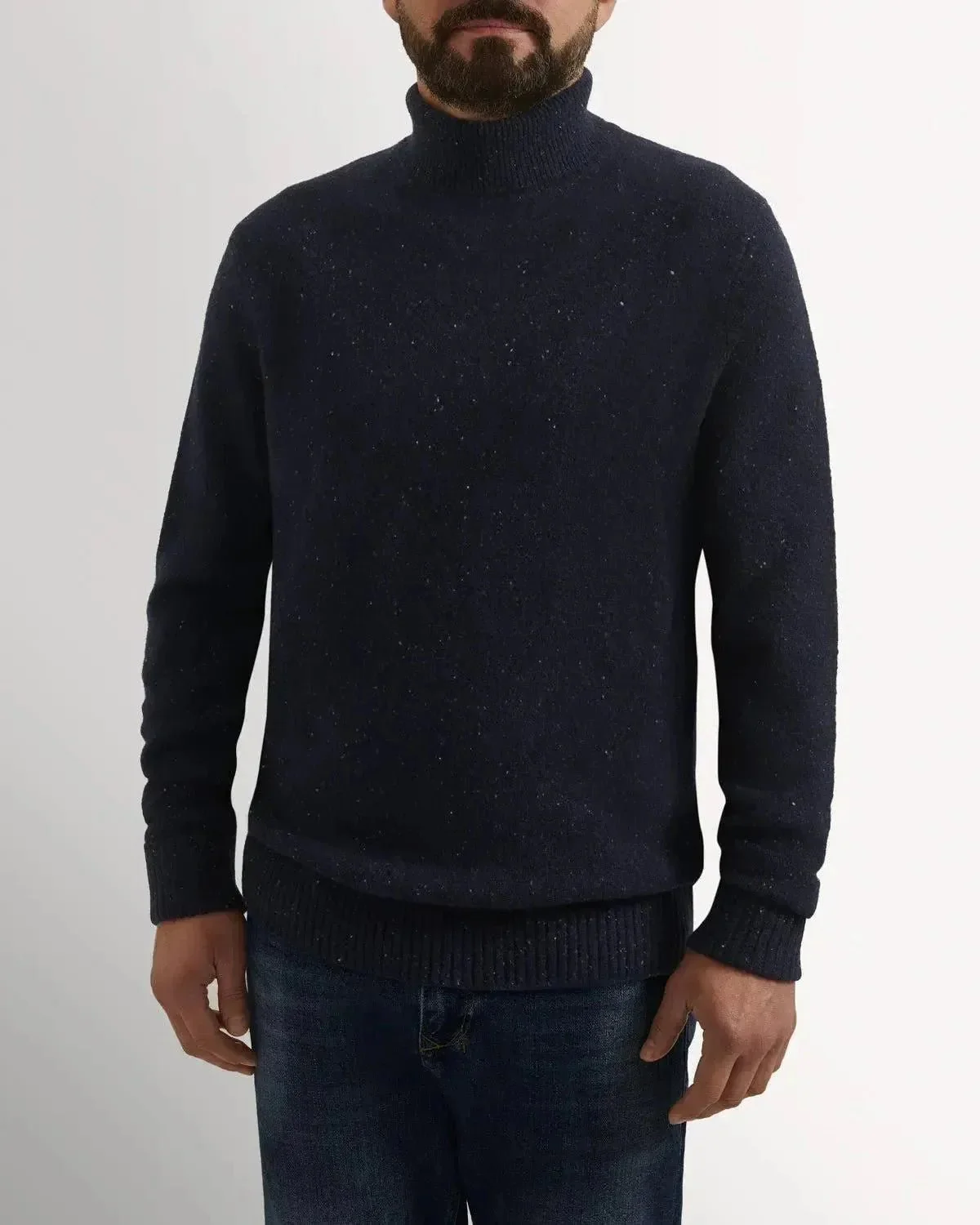 Bernard Weatherill Plain Roll Neck Knit Melange Tweed Navy Flec - Image 2