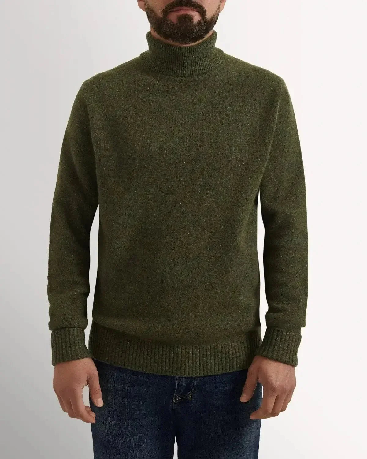 Bernard Weatherill Plain Roll Neck Knit Melange Tweed Thyme Flec - Image 2