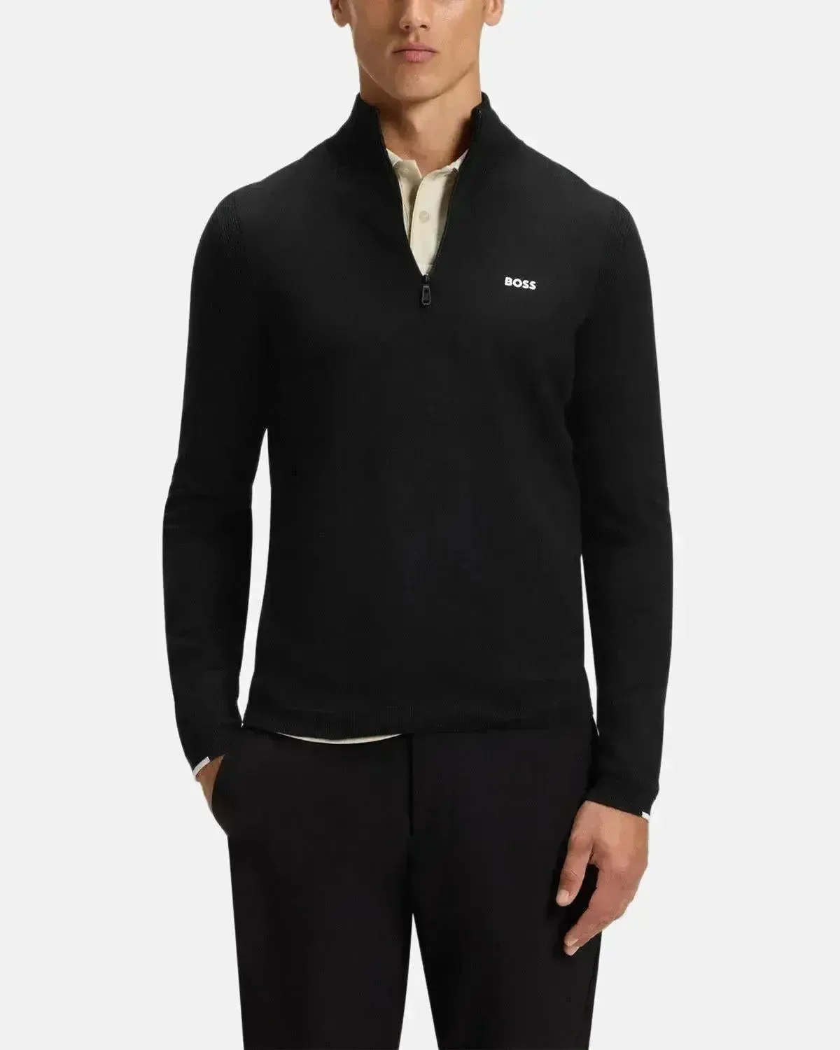 BOSS MENS K-EVERX 1/4 ZIP COTTON KNIT BLACK - Image 2