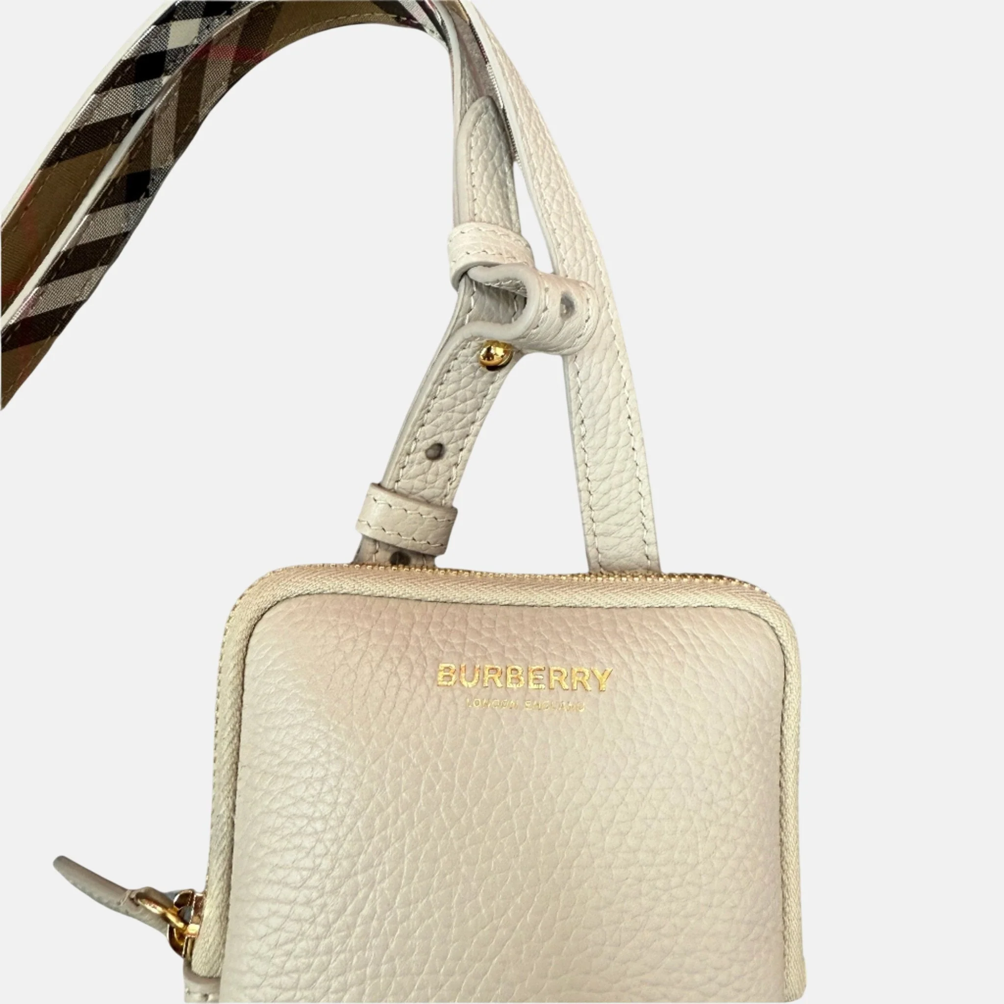 Burberry Phone Pouch Check Strap Grained Leather Limestone - Image 3