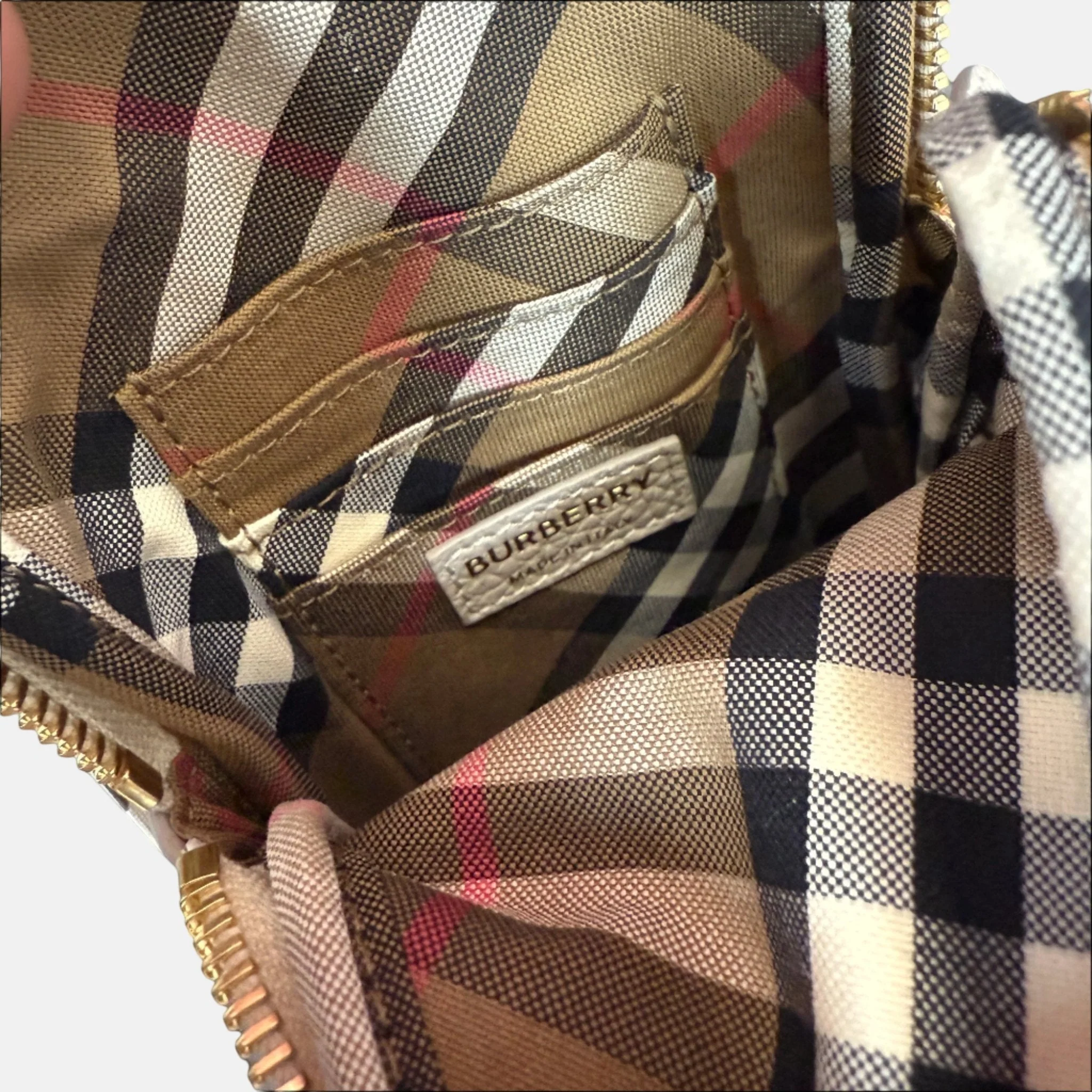 Burberry Phone Pouch Check Strap Grained Leather Limestone - Image 4