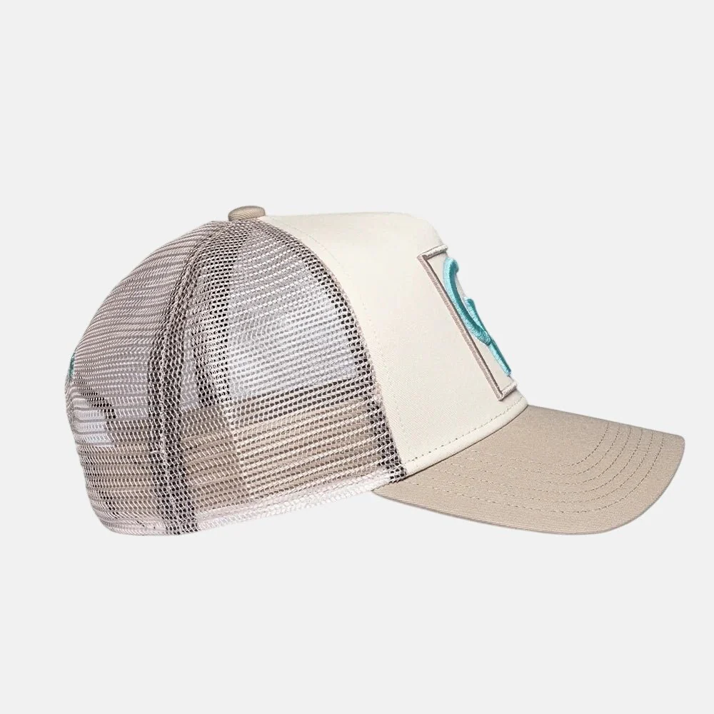 Christian Rose CR Box Logo Trucker Cap Taupe Cream Blue - Image 3