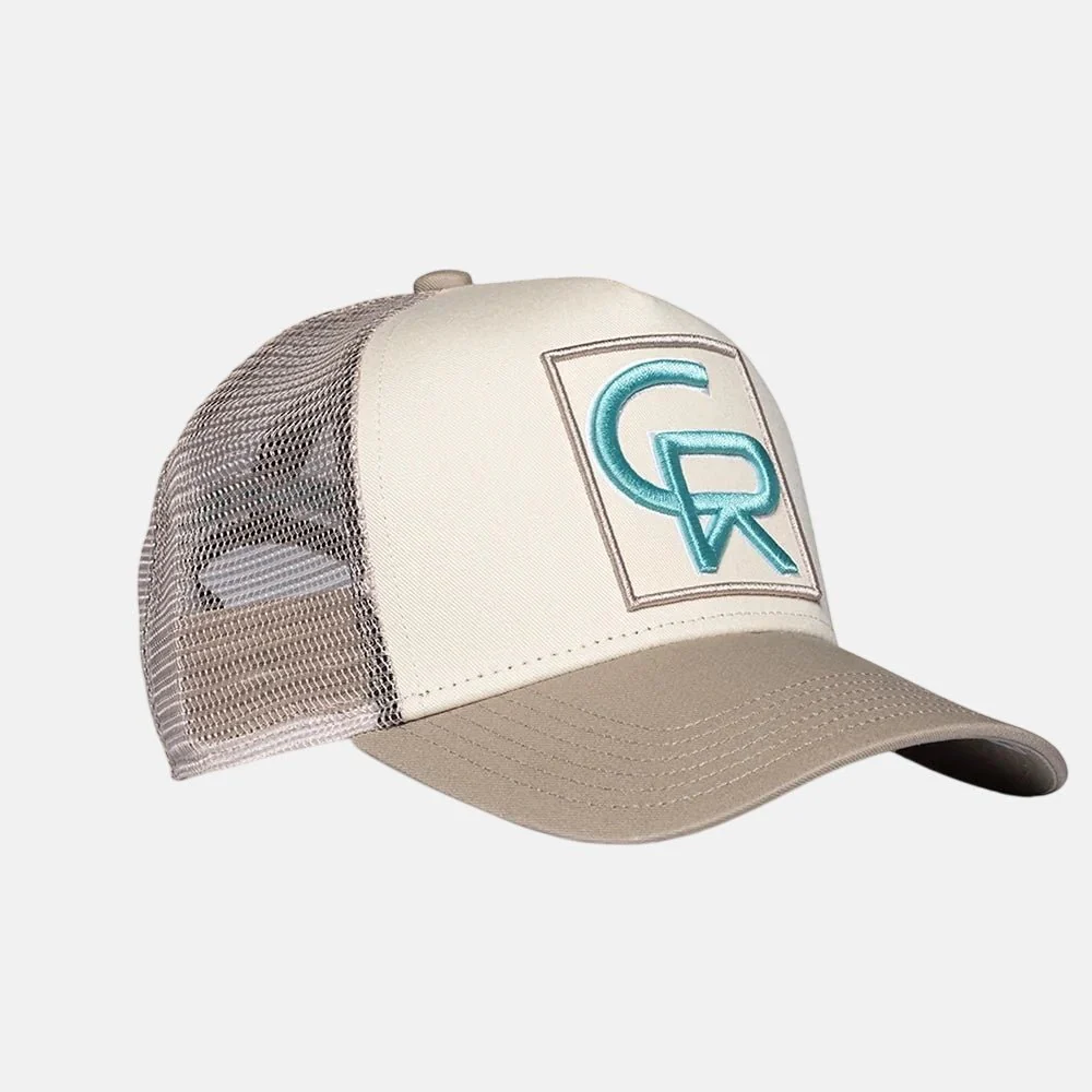 Christian Rose CR Box Logo Trucker Cap Taupe Cream Blue - Image 4