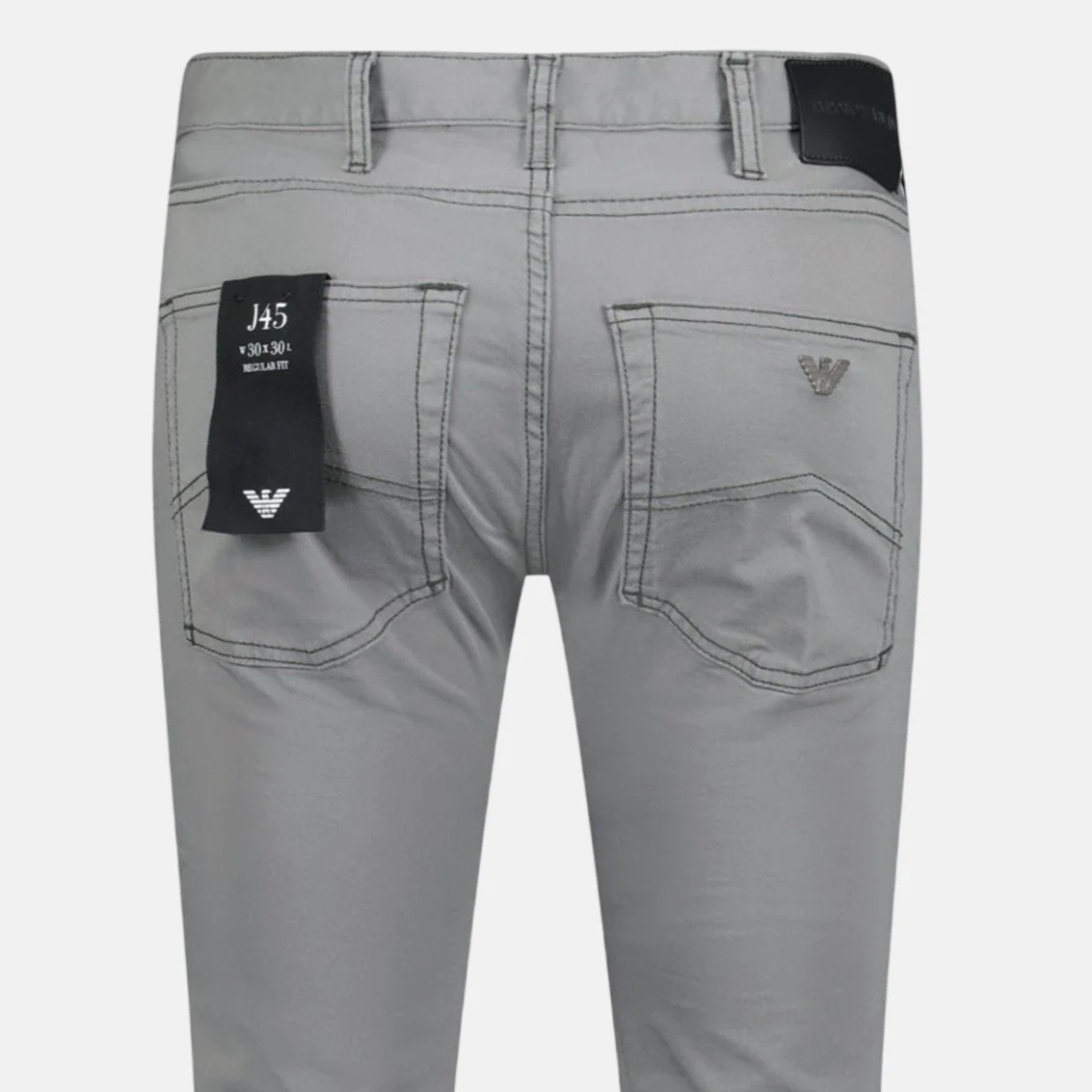 Emporio Armani J45 Slim Fit 5 Pocket Silver Eagle Black Belt Patch Jeans Grey - Image 3