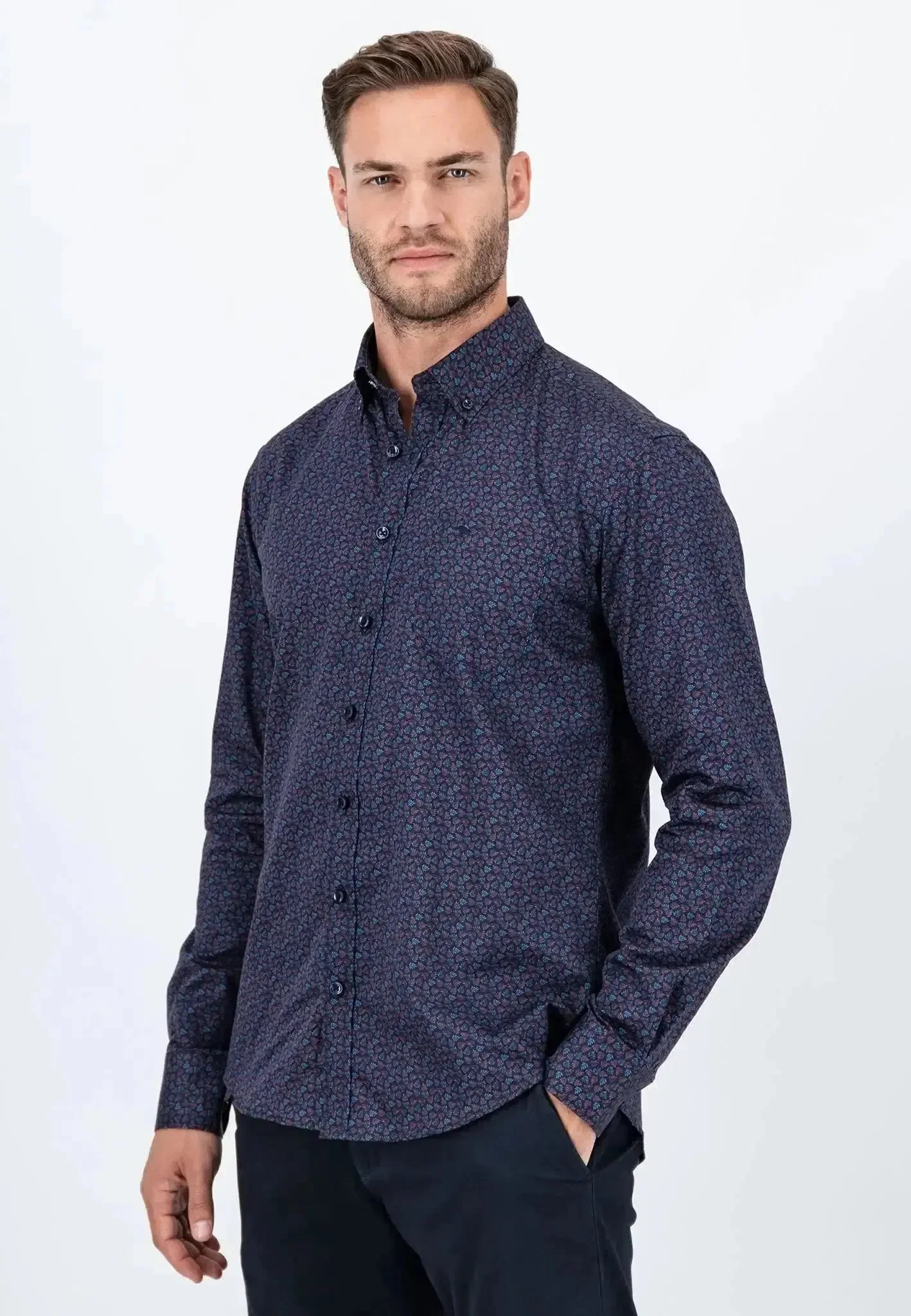 Fynch-Hatton Leaf Print Mix Shirt Pale Blush - Image 2