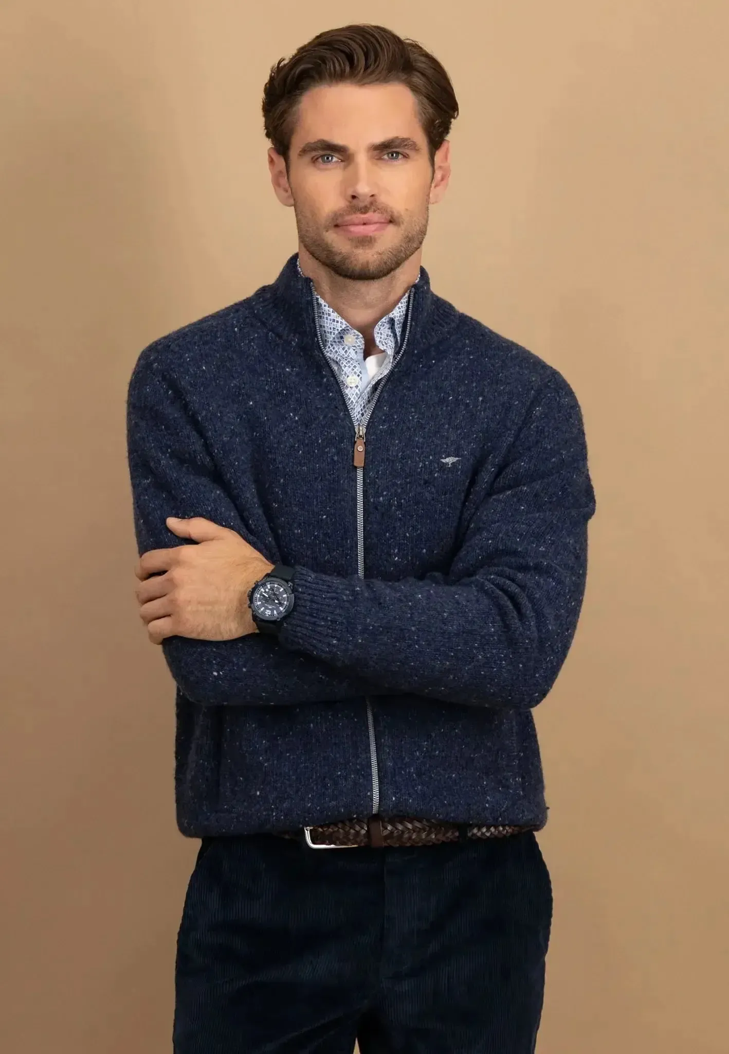 Fynch-Hatton Mens Donegal Wool Zip Cardigan Navy - Image 2
