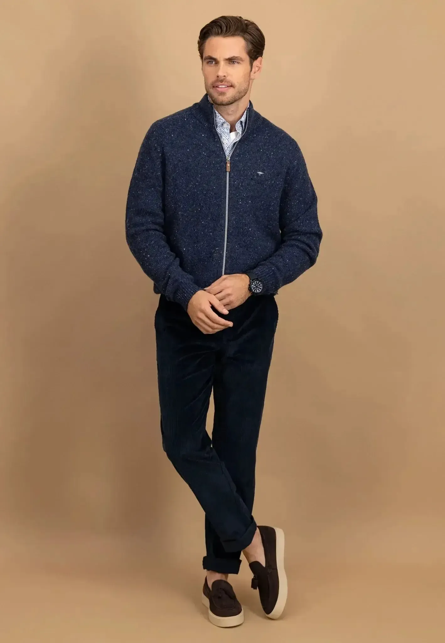 Fynch-Hatton Mens Donegal Wool Zip Cardigan Navy - Image 3