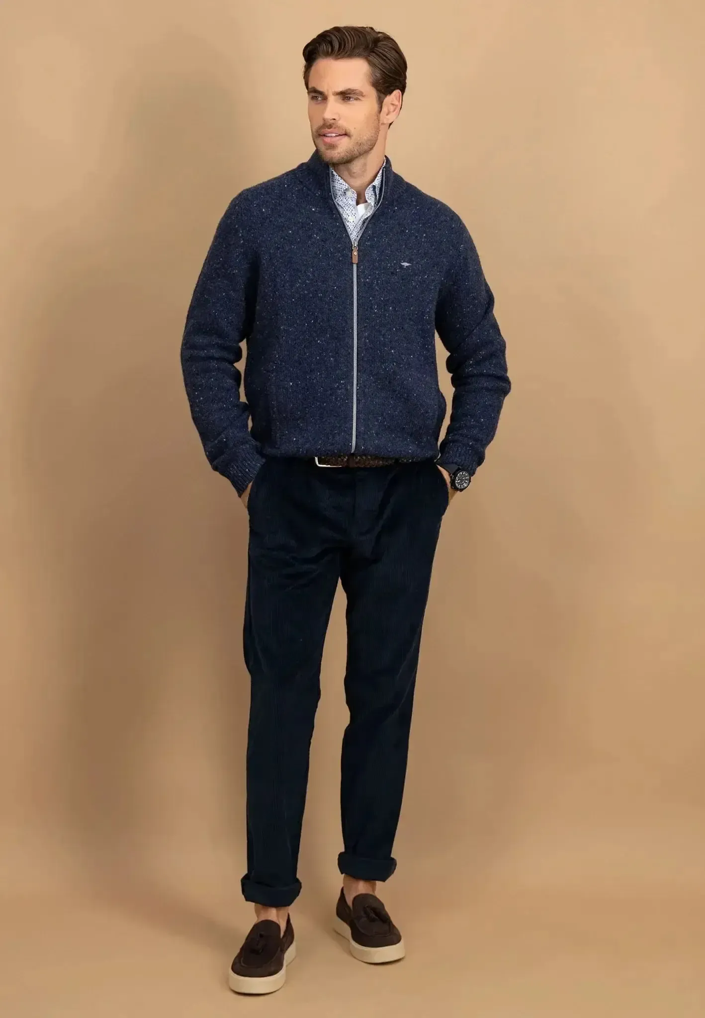 Fynch-Hatton Mens Donegal Wool Zip Cardigan Navy - Image 5