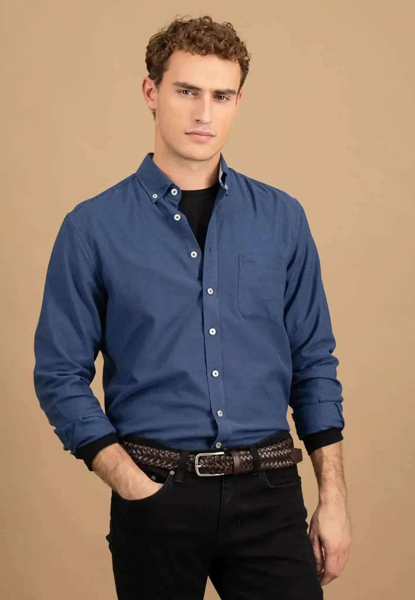 Fynch-Hatton Mens Essential Flannel Button Down Shirt Navy - Image 2