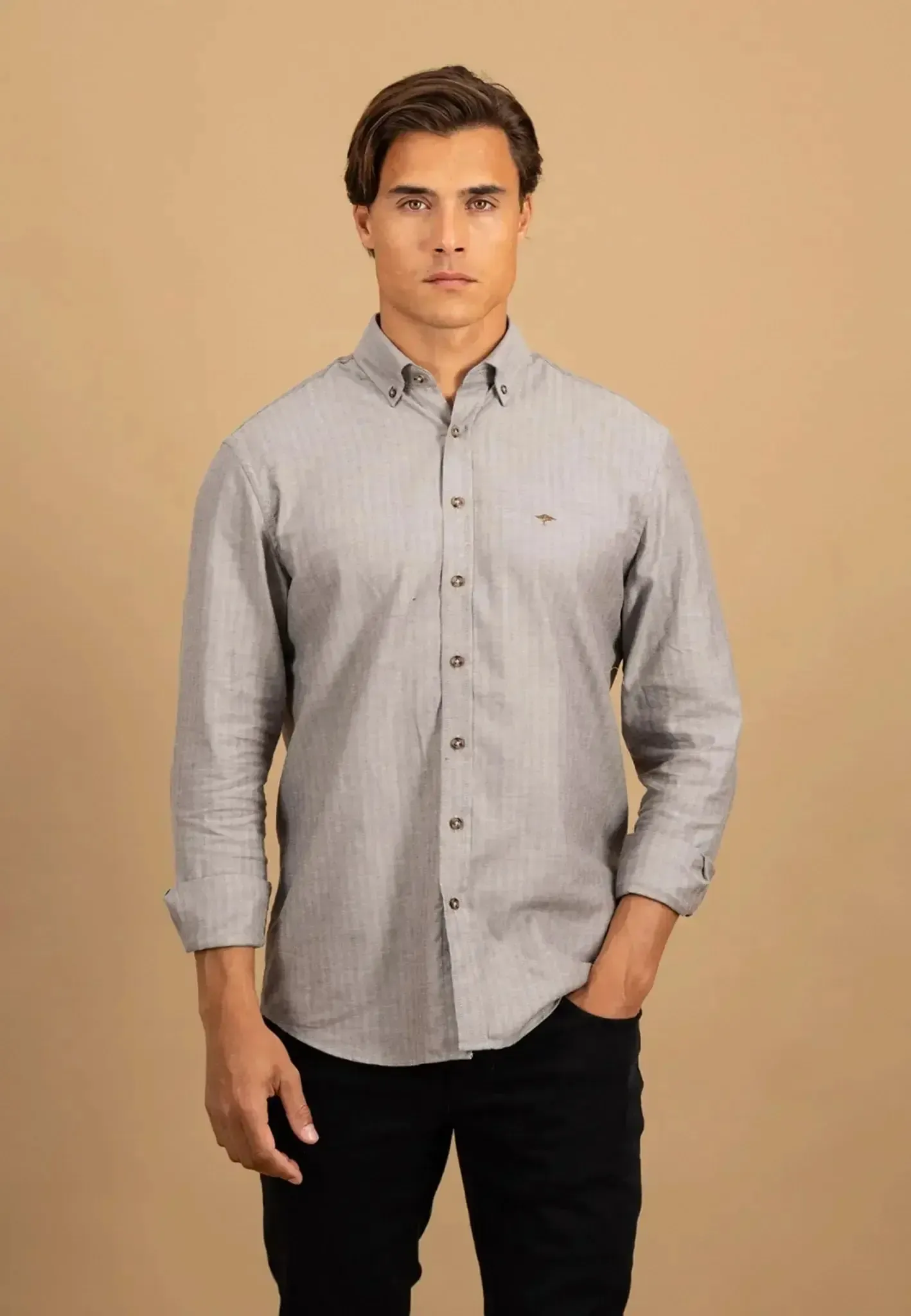 Fynch-Hatton Mens Herringbone Flannel Button Down Shirt Dark Chocolate - Image 2