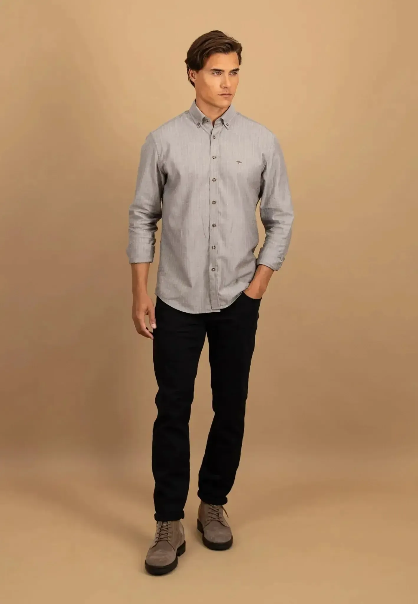 Fynch-Hatton Mens Herringbone Flannel Button Down Shirt Dark Chocolate - Image 3