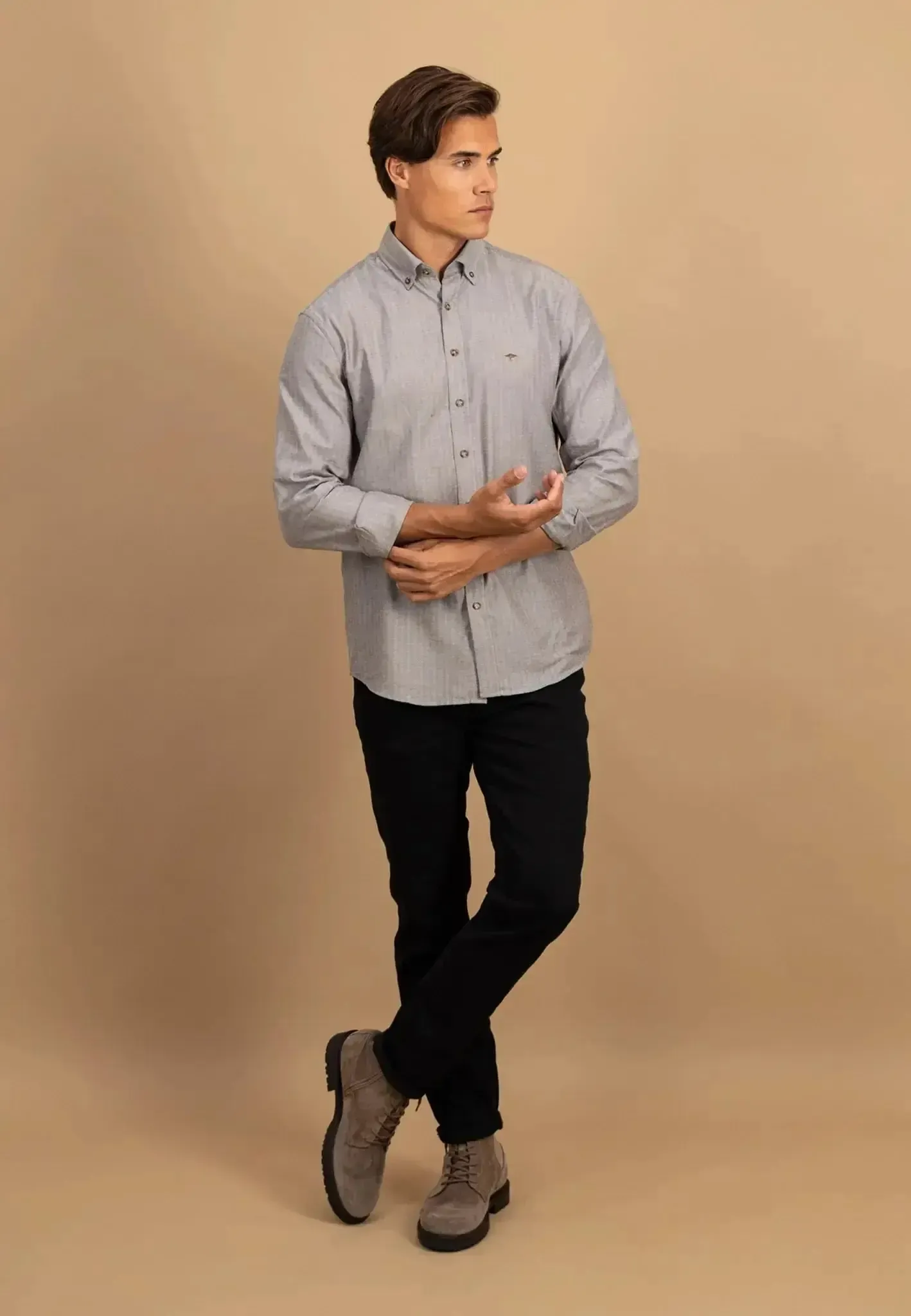 Fynch-Hatton Mens Herringbone Flannel Button Down Shirt Dark Chocolate - Image 5
