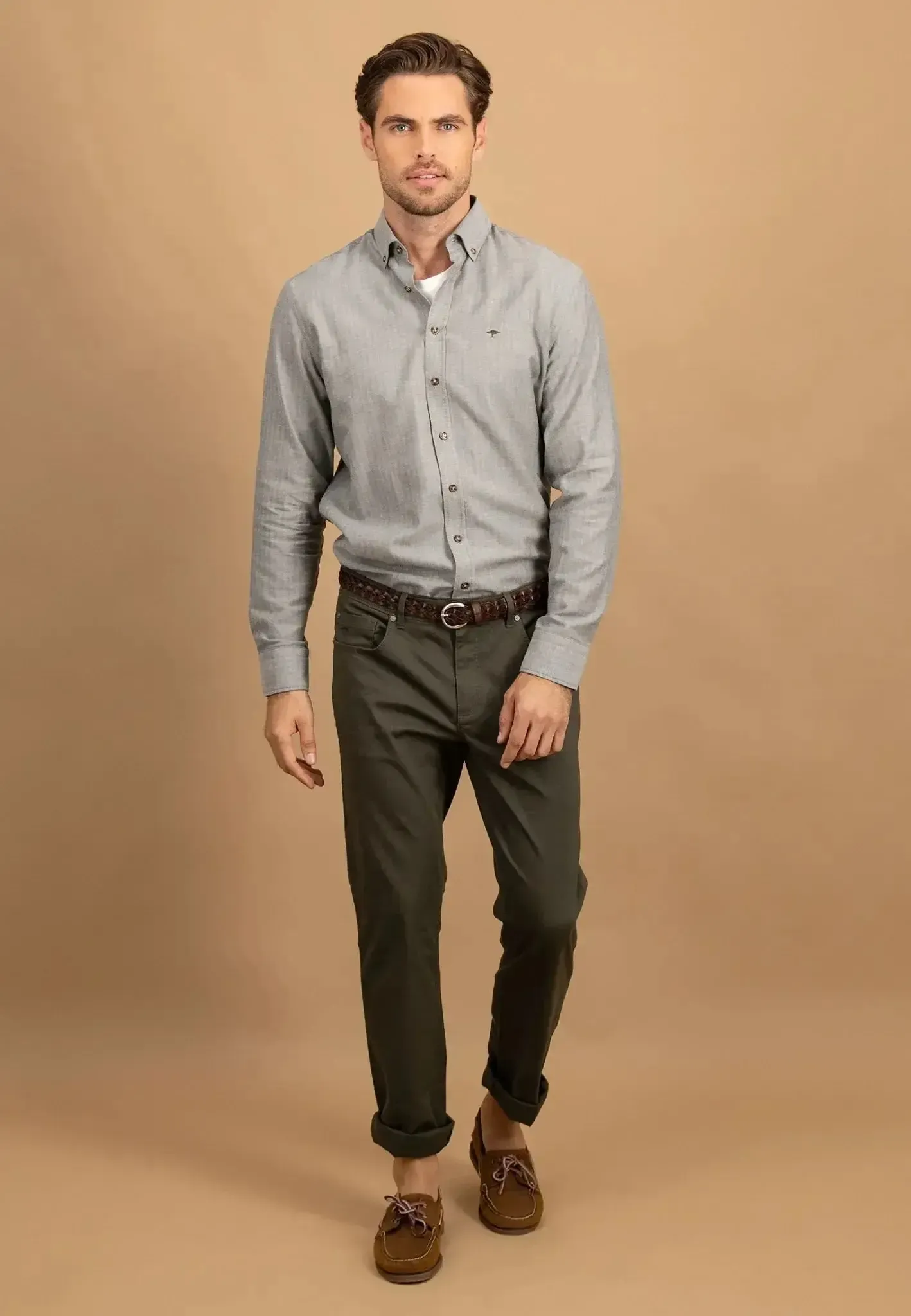 Fynch-Hatton Mens Herringbone Flannel Button Down Shirt Dark Ivy - Image 3
