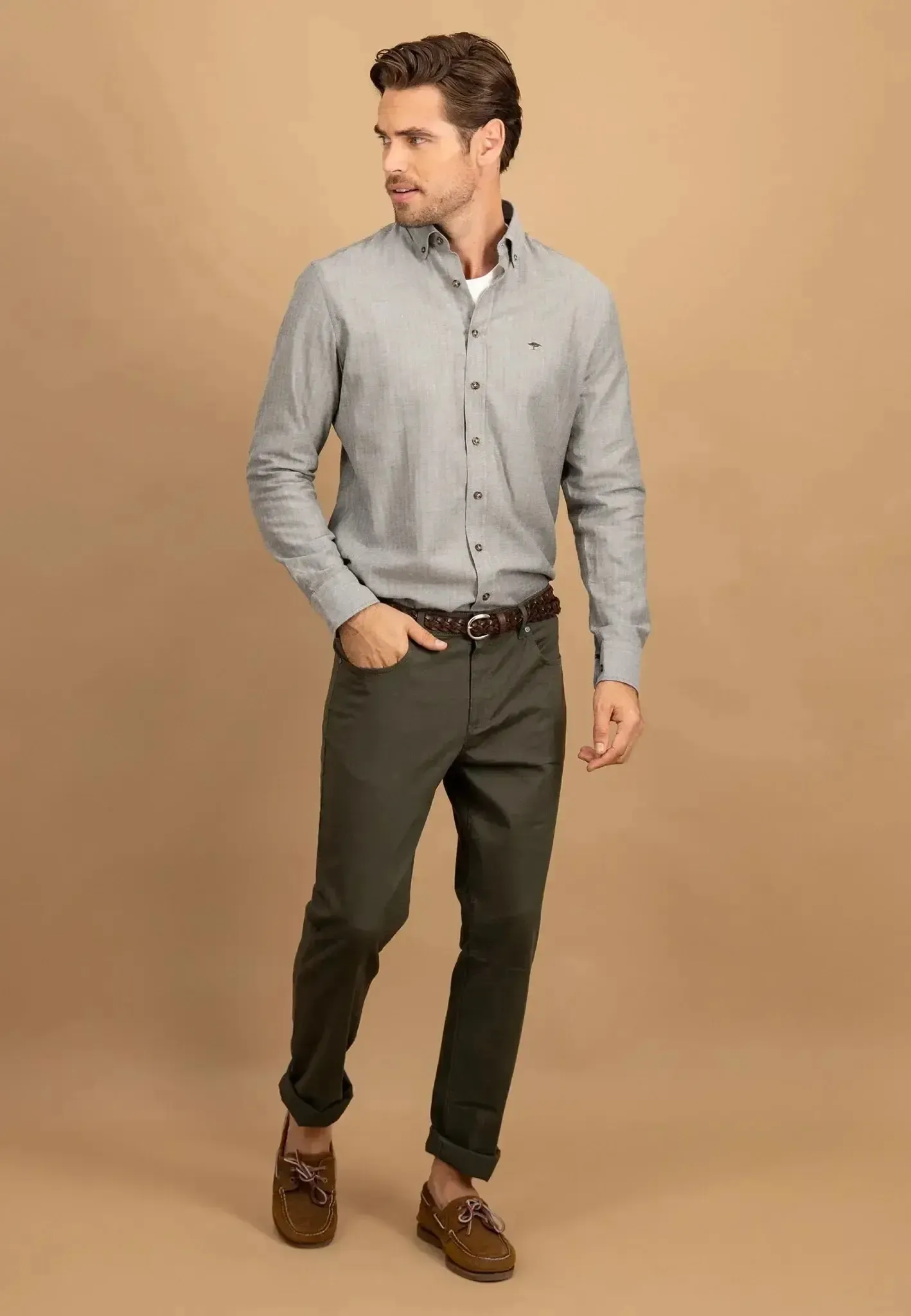 Fynch-Hatton Mens Herringbone Flannel Button Down Shirt Dark Ivy - Image 5