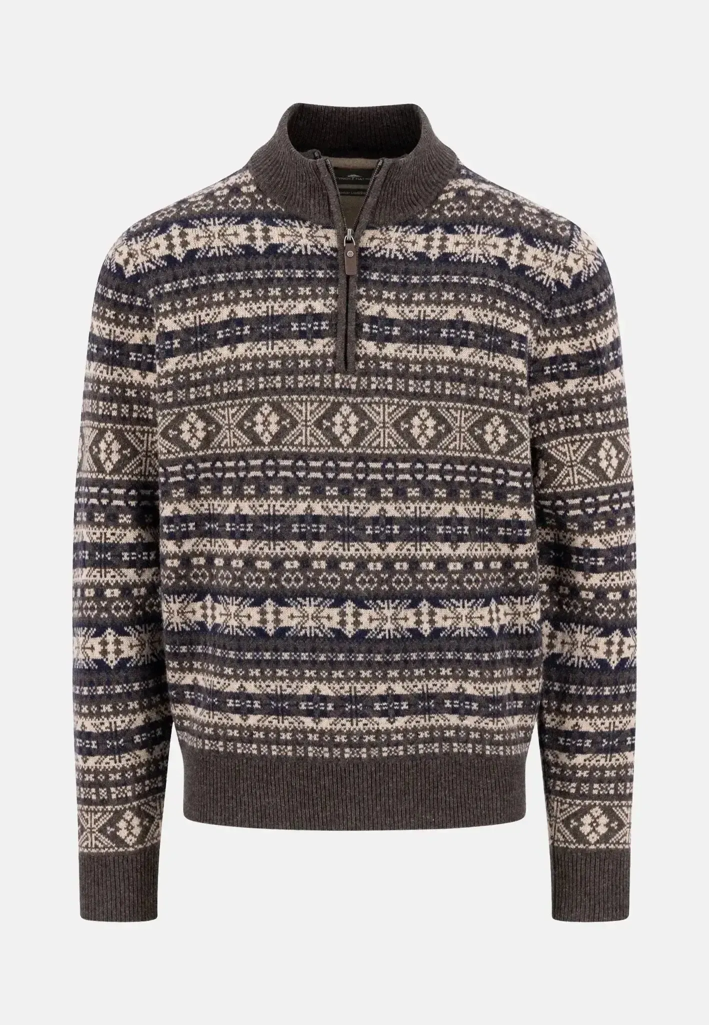 Fynch-Hatton Mens Lambswool Jacquard 1/4 Zip Knit Dark Chocolate