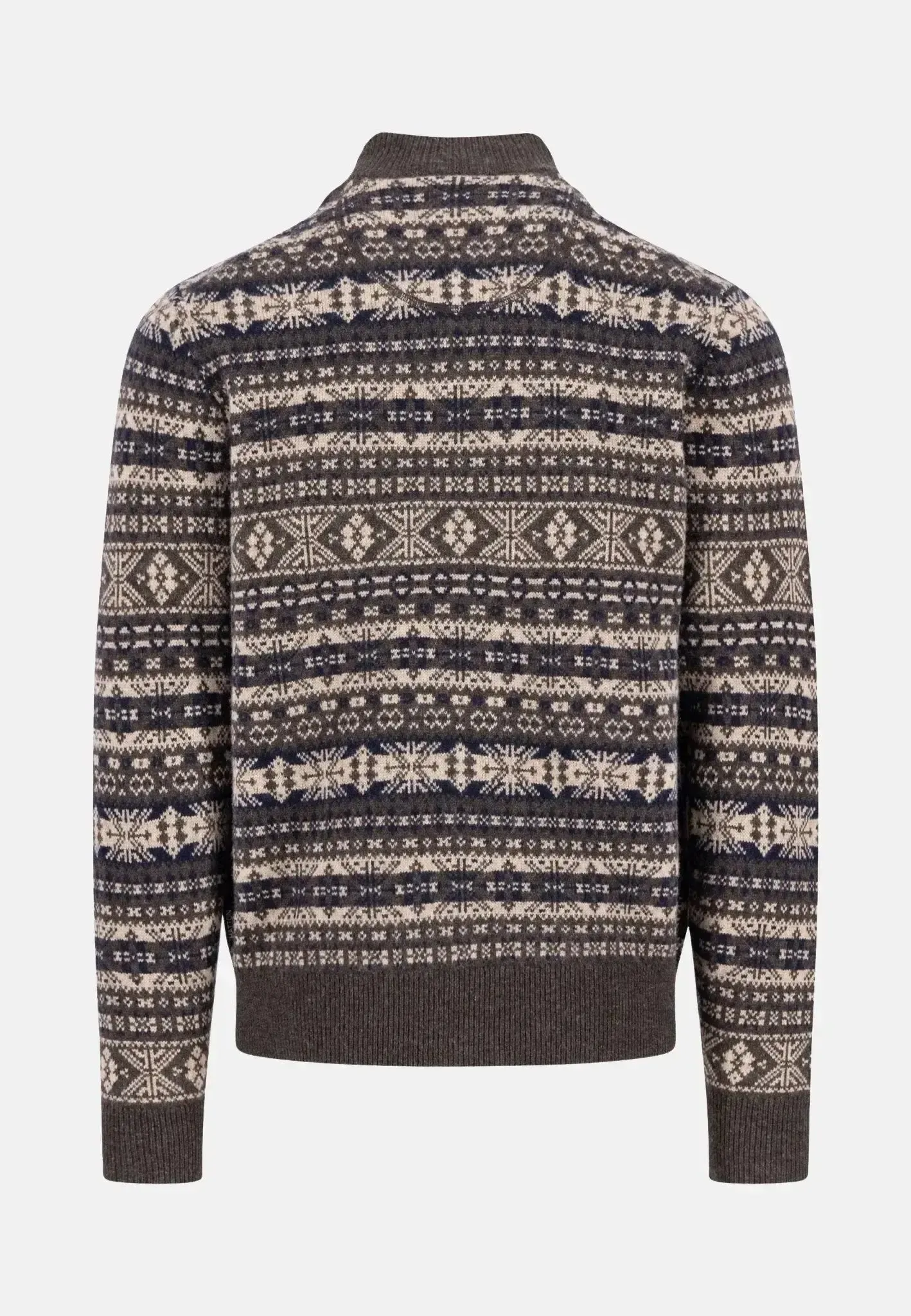 Fynch-Hatton Mens Lambswool Jacquard 1/4 Zip Knit Dark Chocolate - Image 2