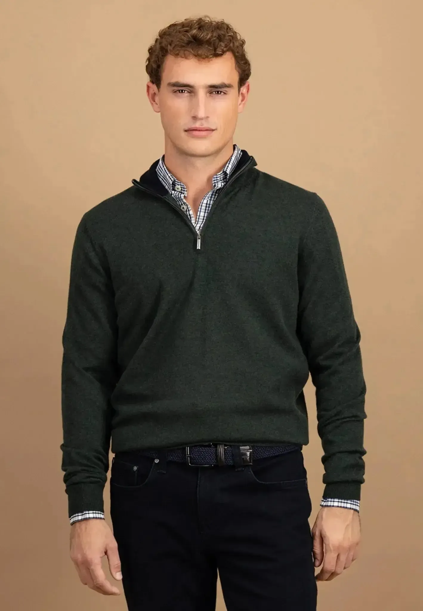 Fynch-Hatton Mens Merino Wool Cashmere 1/4 Zip Knit Dark Ivy - Image 2
