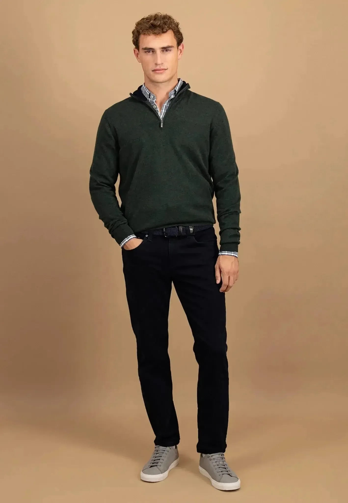 Fynch-Hatton Mens Merino Wool Cashmere 1/4 Zip Knit Dark Ivy - Image 3