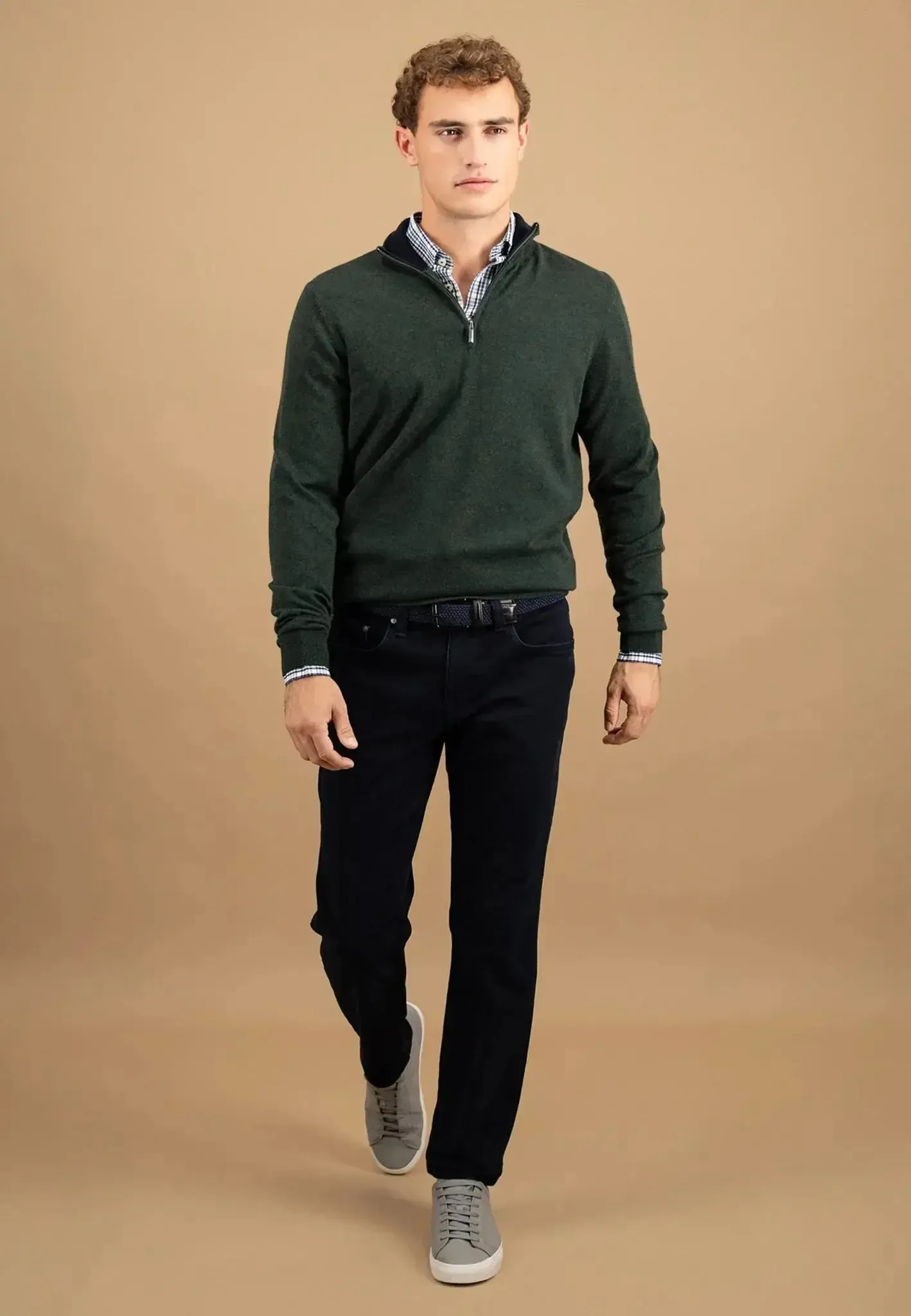 Fynch-Hatton Mens Merino Wool Cashmere 1/4 Zip Knit Dark Ivy - Image 5