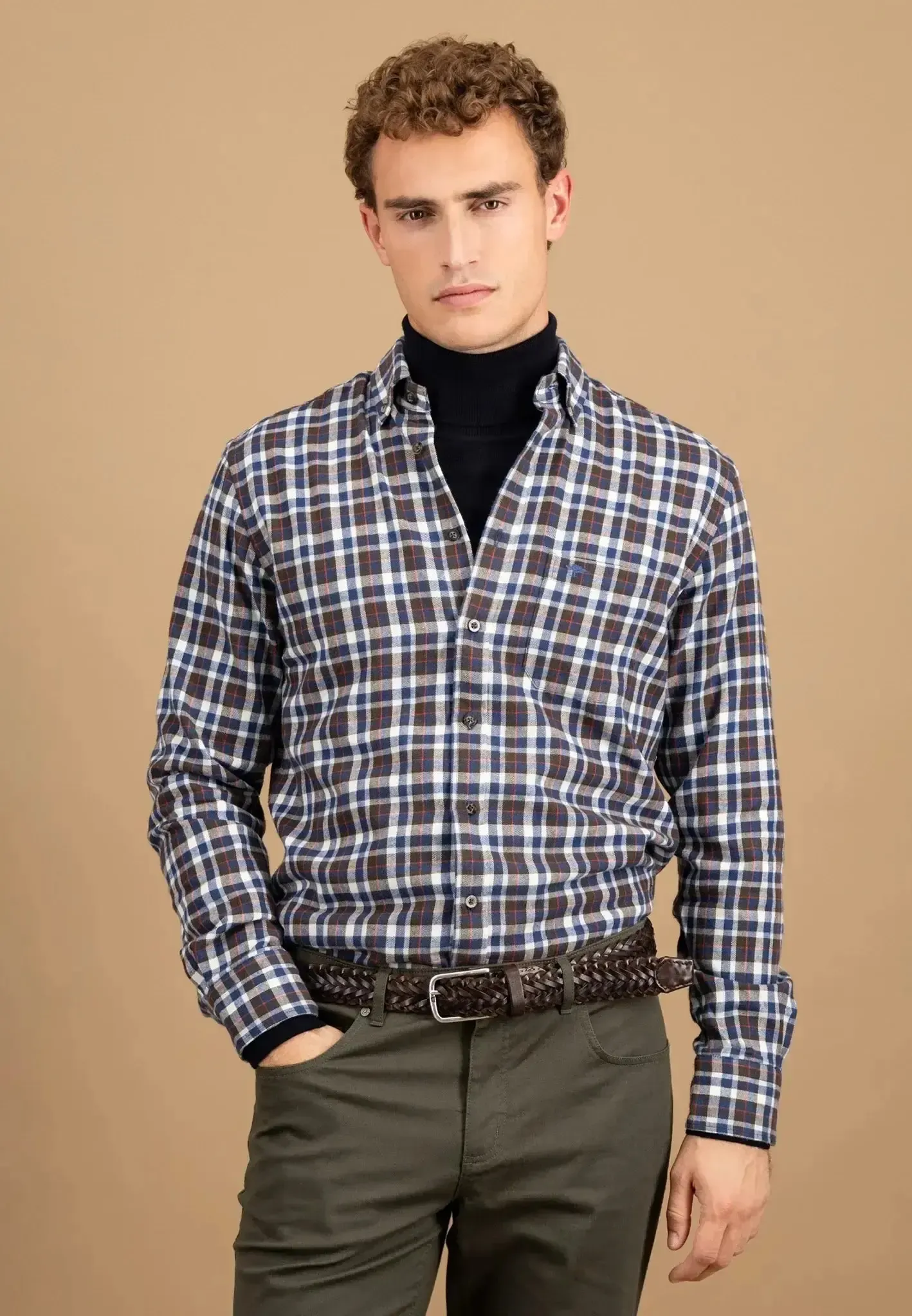 Fynch-Hatton Mens Premium Flannel Check Button Down Shirt Dark Chocolate - Image 2