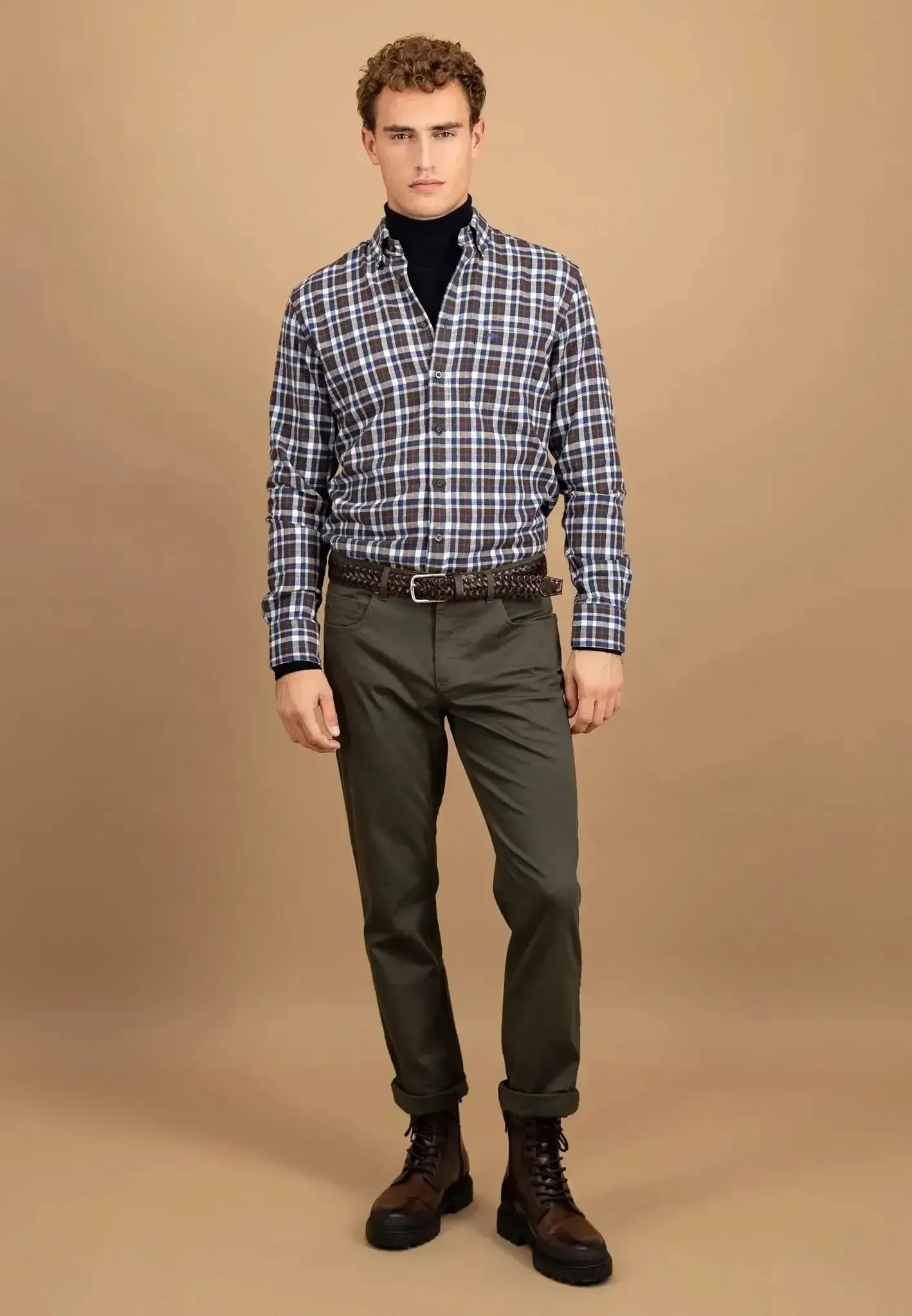 Fynch-Hatton Mens Premium Flannel Check Button Down Shirt Dark Chocolate - Image 3