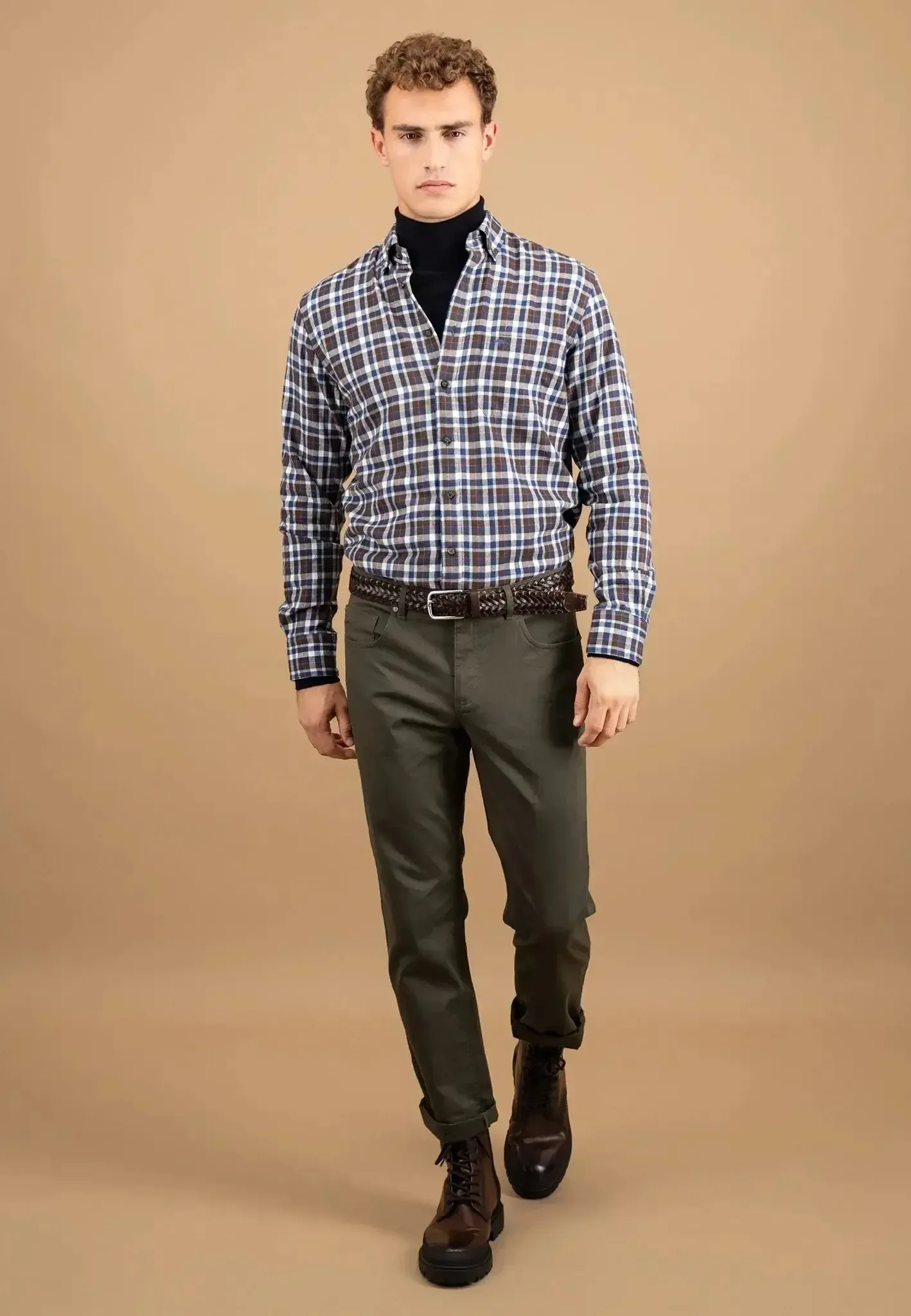 Fynch-Hatton Mens Premium Flannel Check Button Down Shirt Dark Chocolate - Image 5