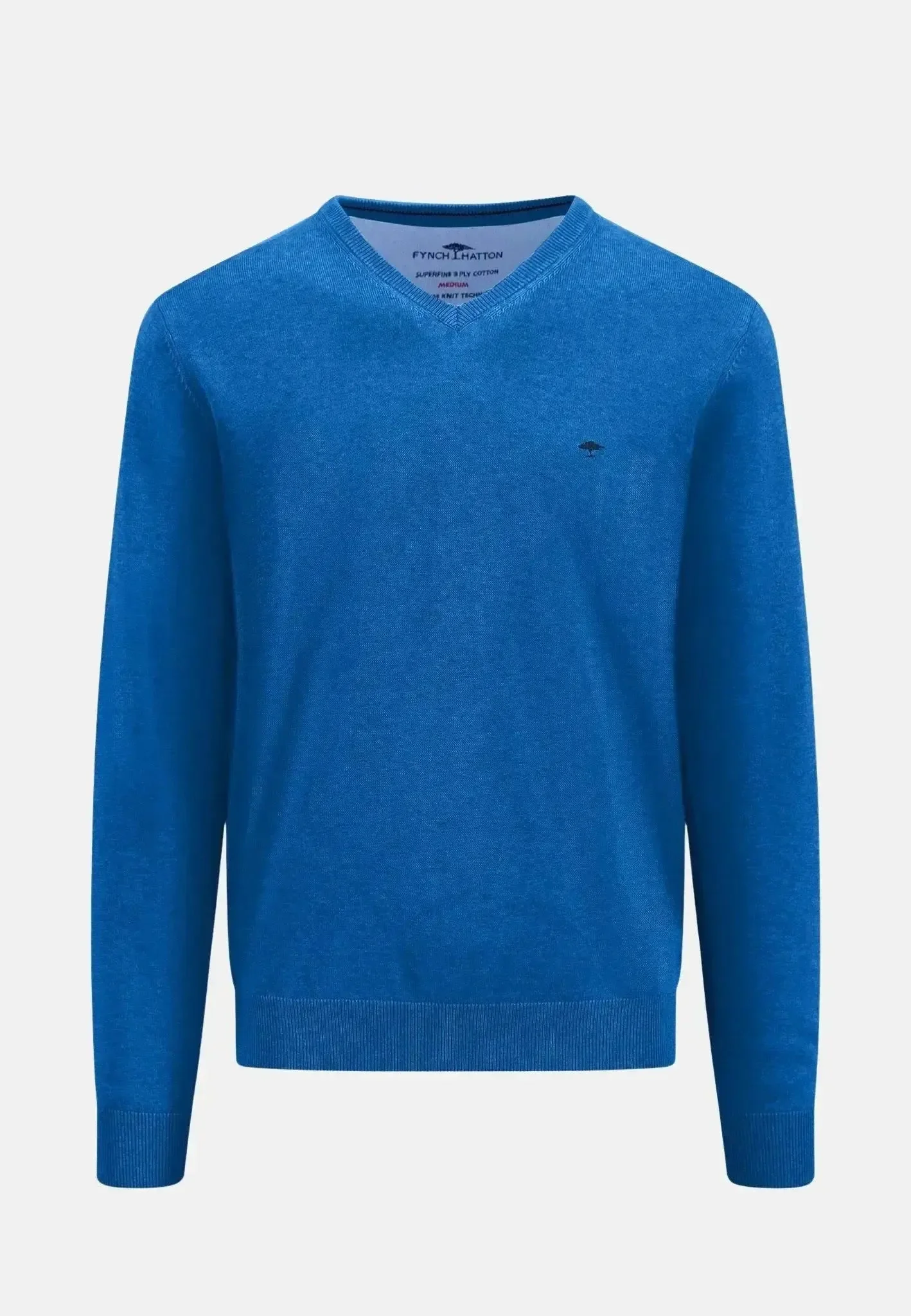 Fynch-Hatton Mens Superfine V-Neck Cotton Knit Strong Blue
