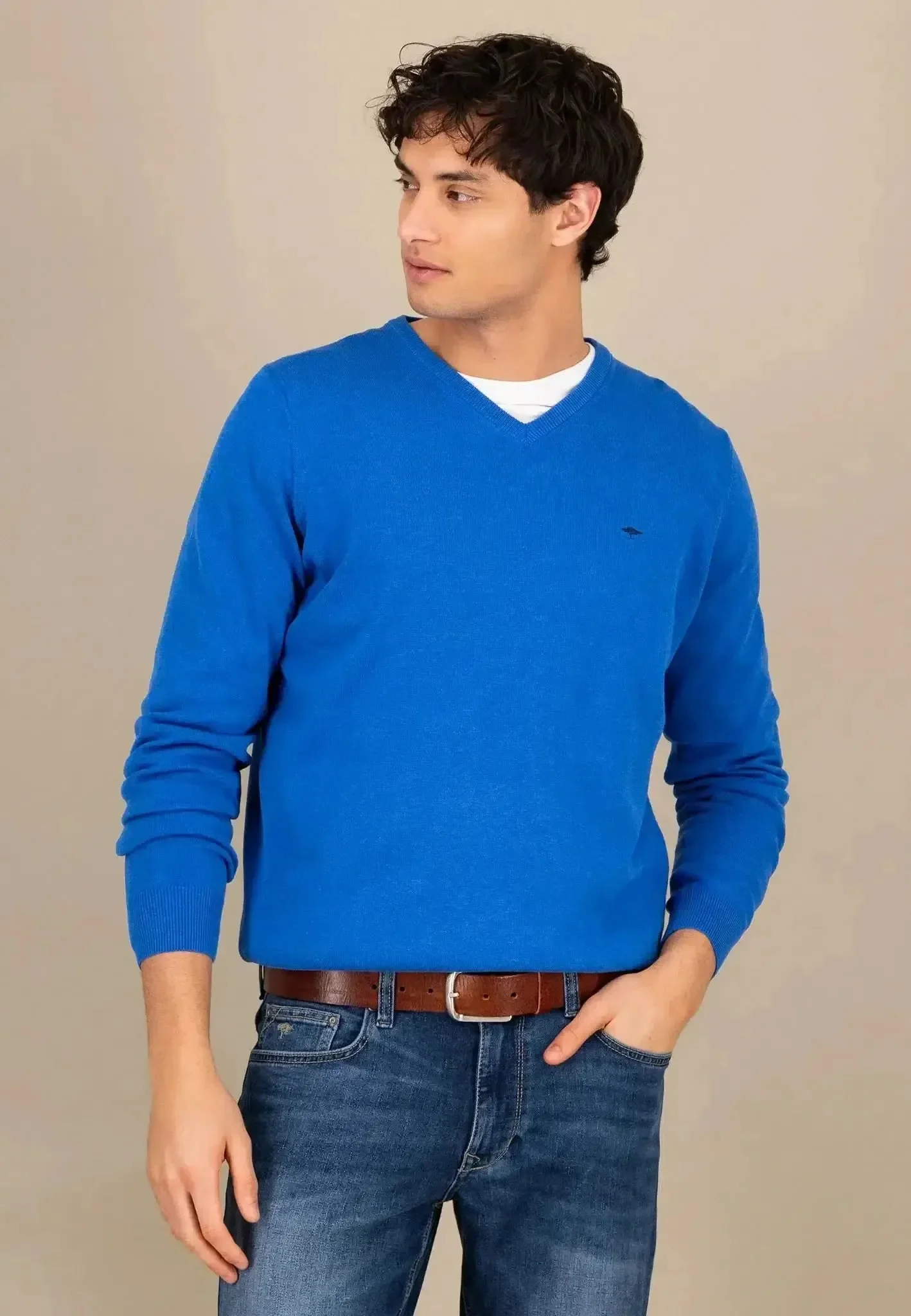 Fynch-Hatton Mens Superfine V-Neck Cotton Knit Strong Blue - Image 2
