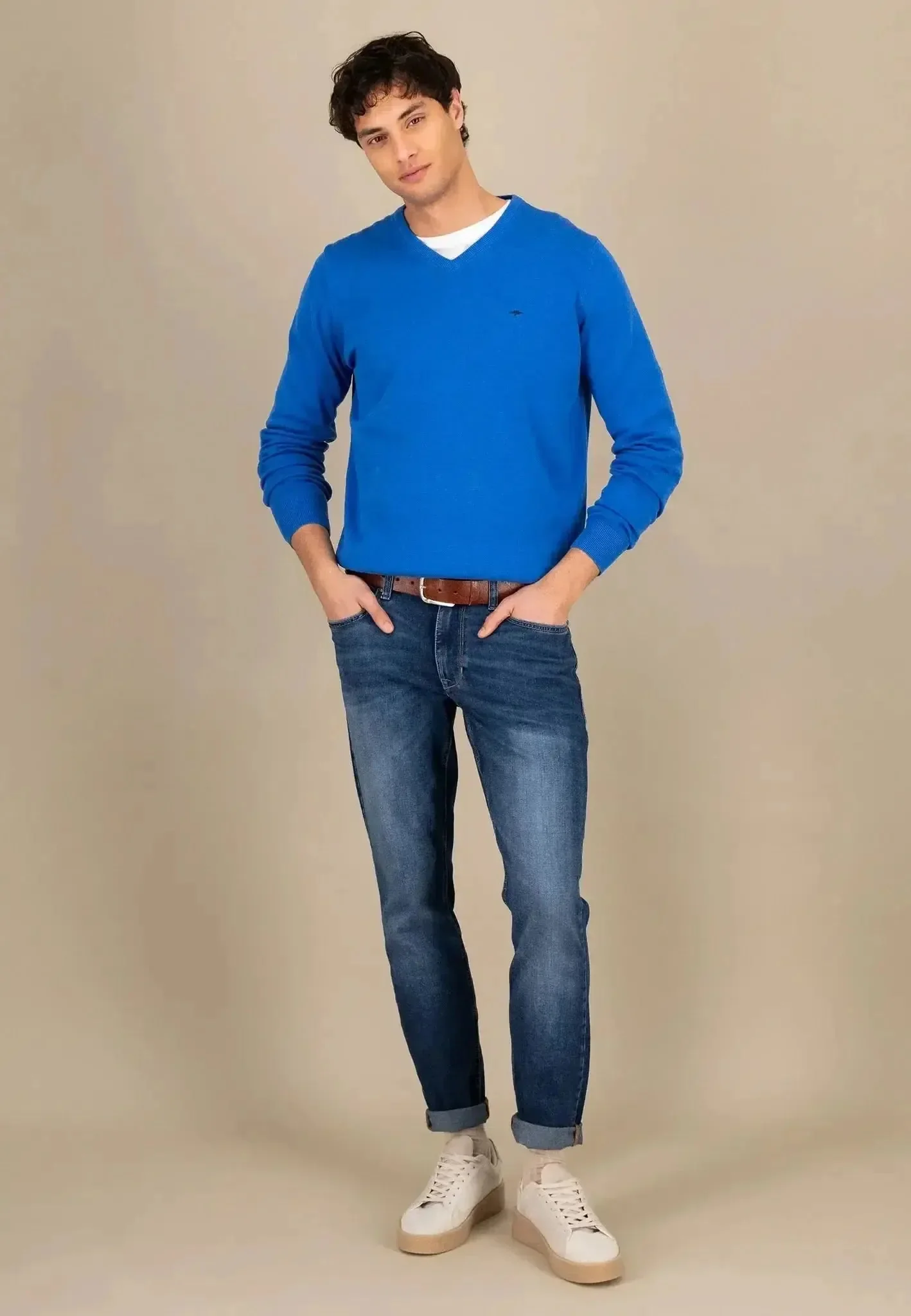 Fynch-Hatton Mens Superfine V-Neck Cotton Knit Strong Blue - Image 5