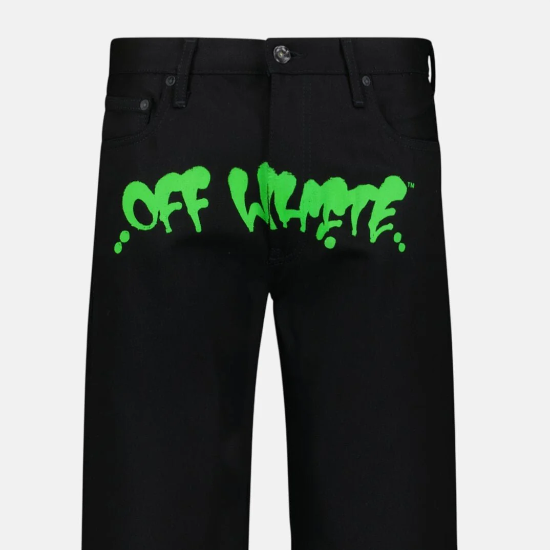 Off-White Green Print Denim Jeans Black - Image 4