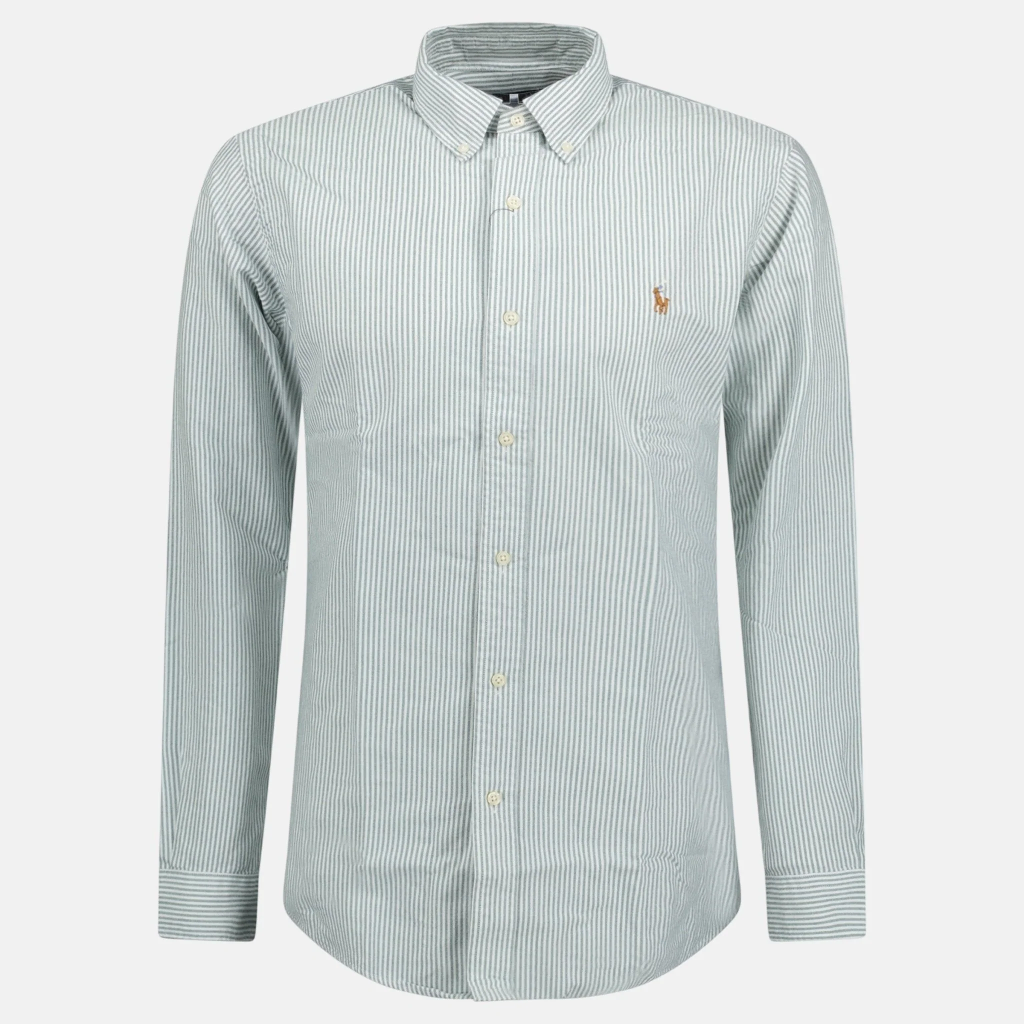 Ralph Lauren Custom Fit Striped Stretch Oxford Shirt Green White
