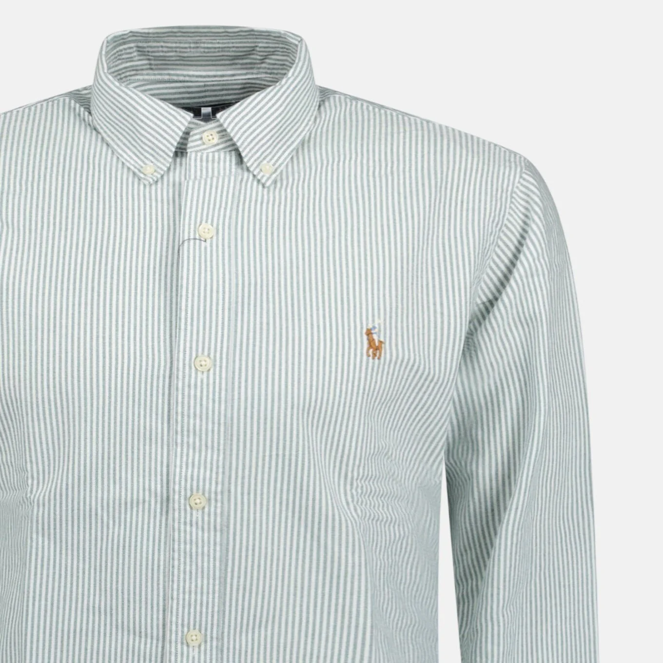 Ralph Lauren Custom Fit Striped Stretch Oxford Shirt Green White - Image 2