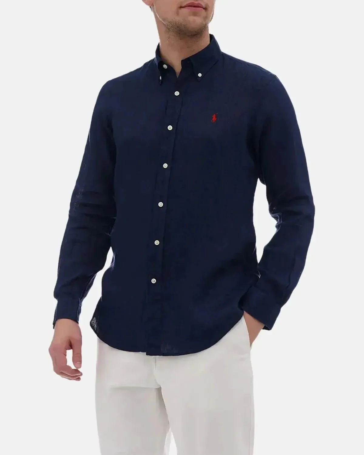 RALPH LAUREN CUSTOM FIT LINEN SHIRT NEWPORT NAVY - Image 2