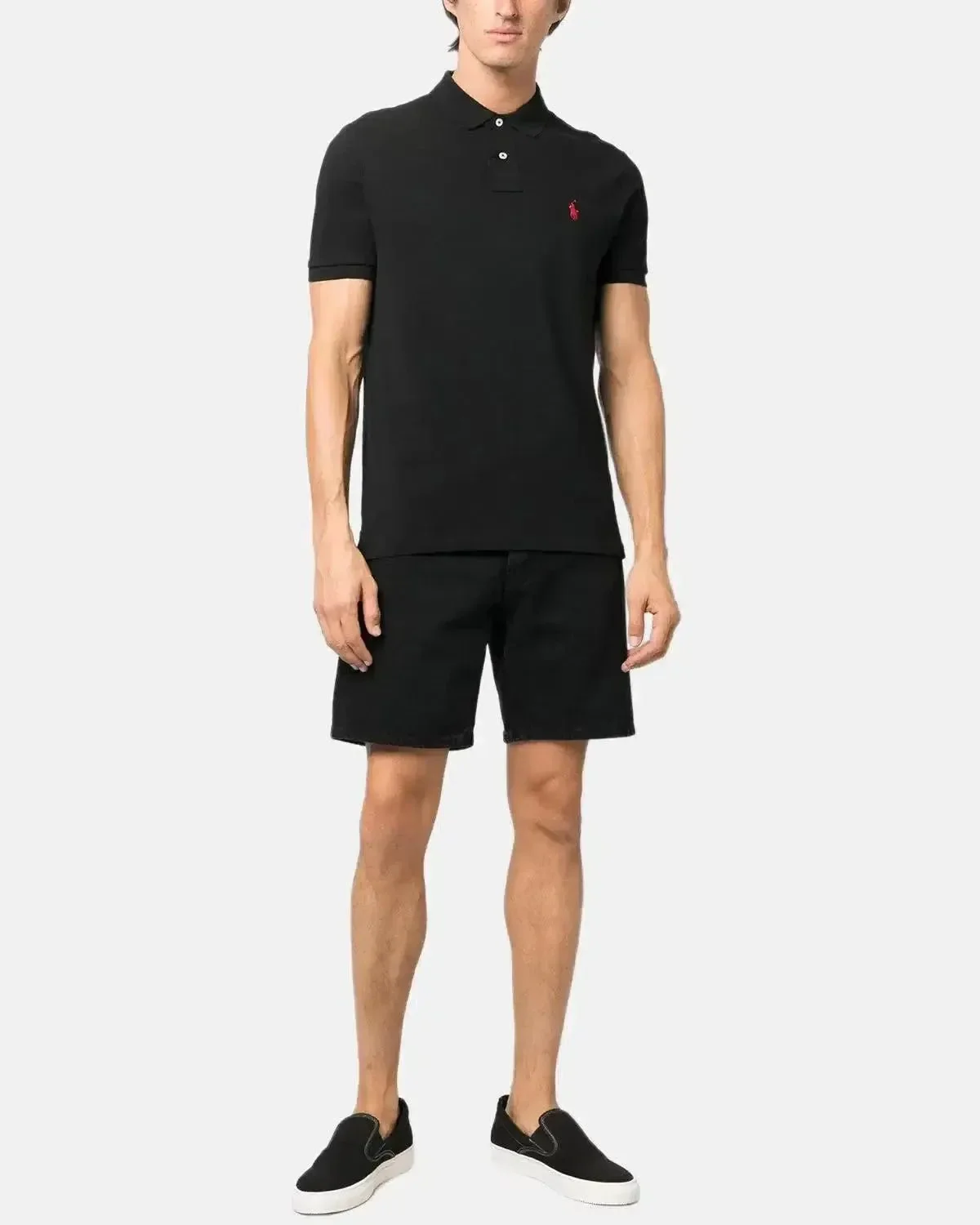 RALPH LAUREN MENS CUSTOM SLIM FIT MESH POLO SHIRT BLACK RED - Image 4