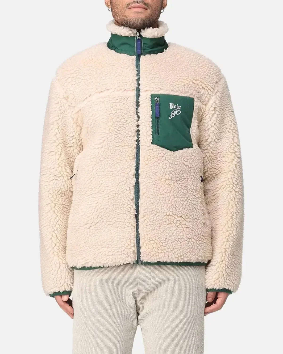 RALPH LAUREN MENS WOOL BORG LOGO SHERPA ZIP THROUGH FLEECE RANCH CREAM - Image 2