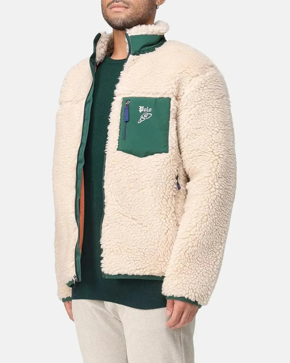 RALPH LAUREN MENS WOOL BORG LOGO SHERPA ZIP THROUGH FLEECE RANCH CREAM - Image 4