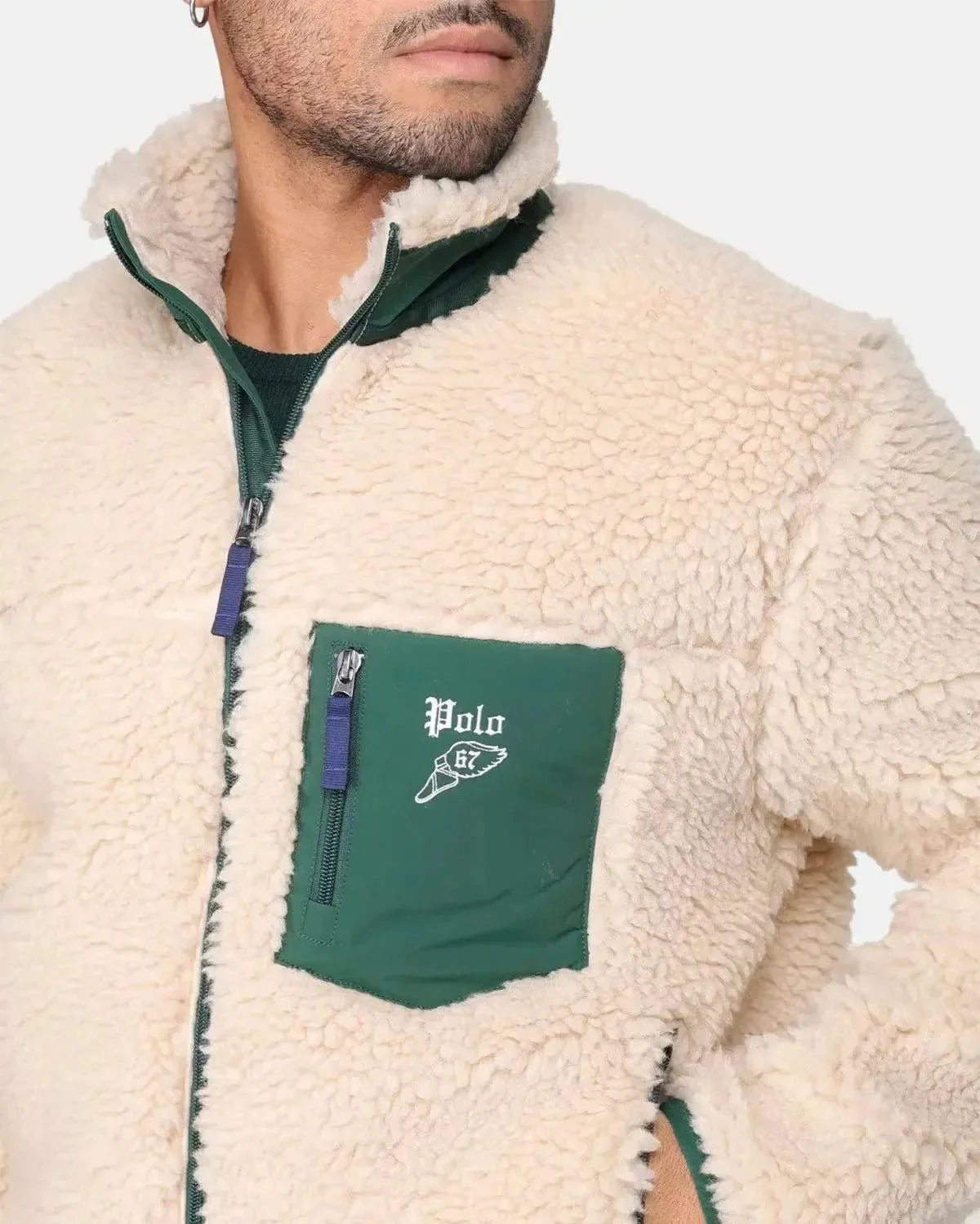RALPH LAUREN MENS WOOL BORG LOGO SHERPA ZIP THROUGH FLEECE RANCH CREAM - Image 5