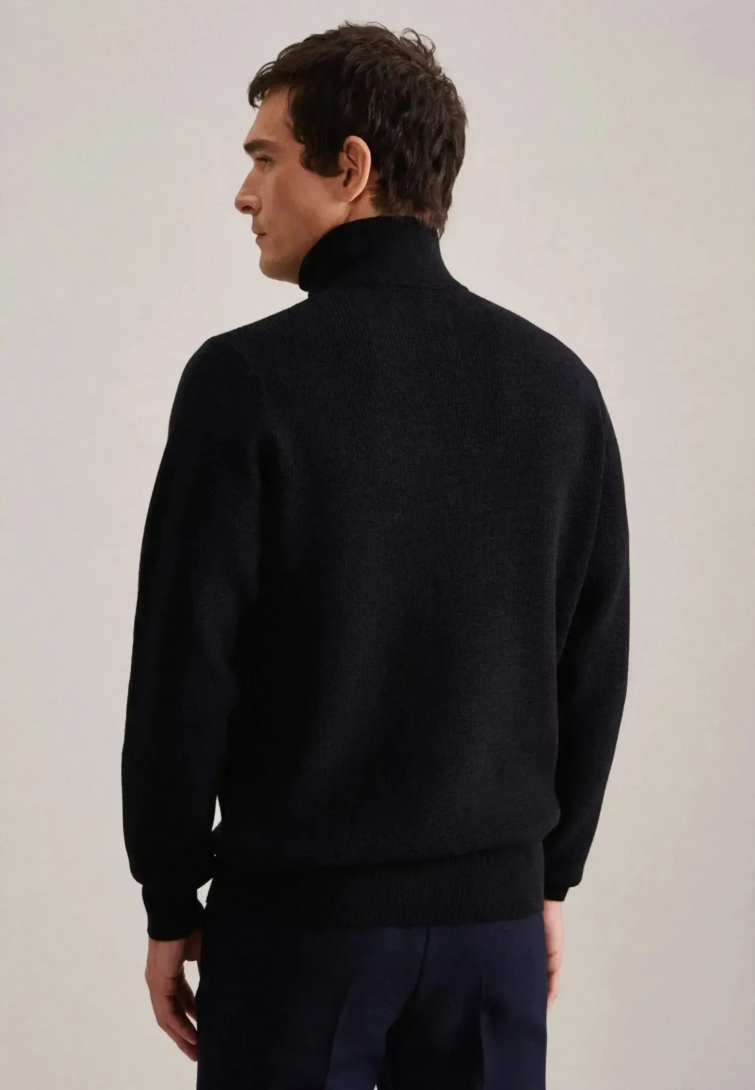 Seidensticker Mens Merino Wool Stand Collar 1/4 Zip Knit Dark Blue - Image 3