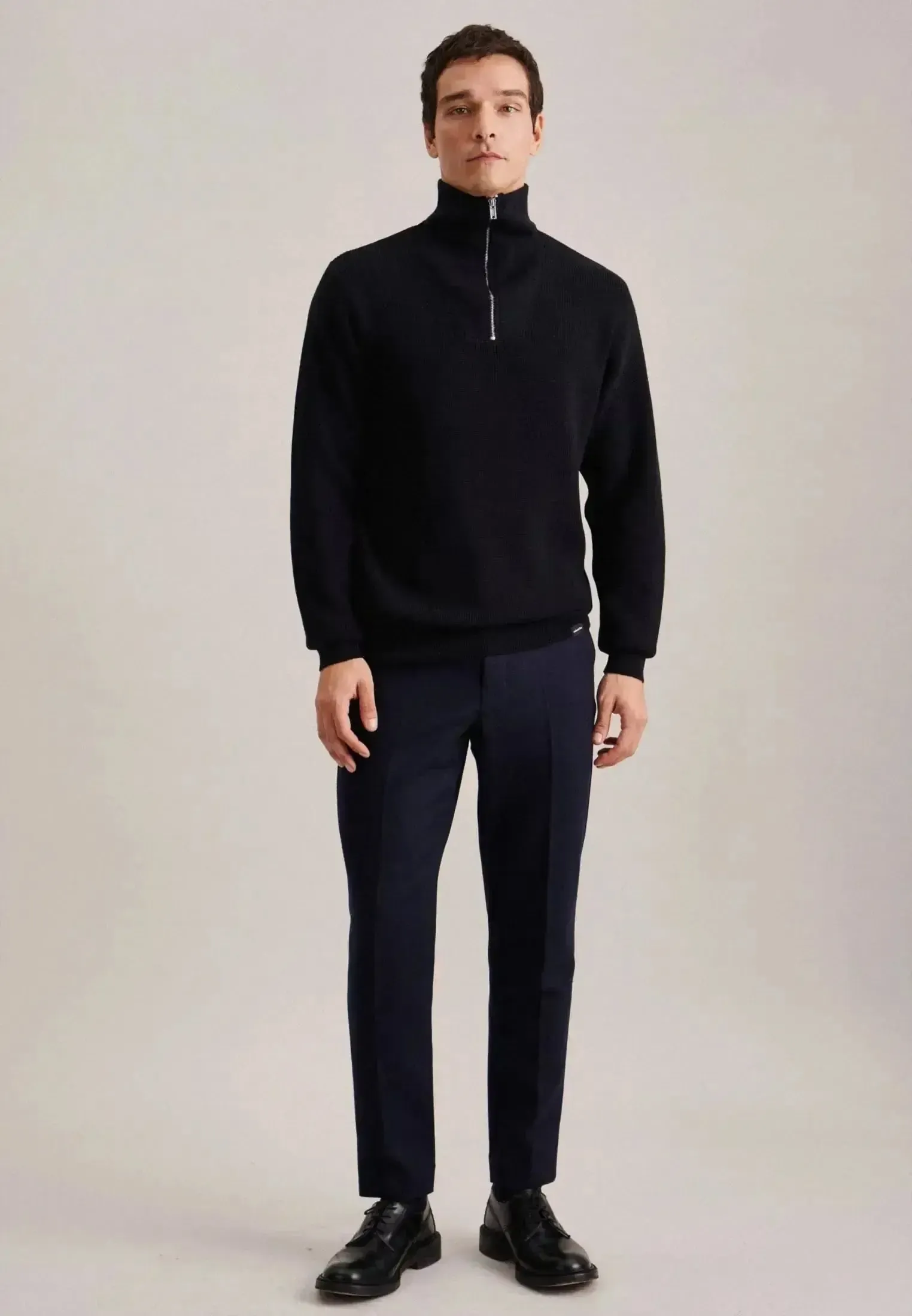 Seidensticker Mens Merino Wool Stand Collar 1/4 Zip Knit Dark Blue - Image 6