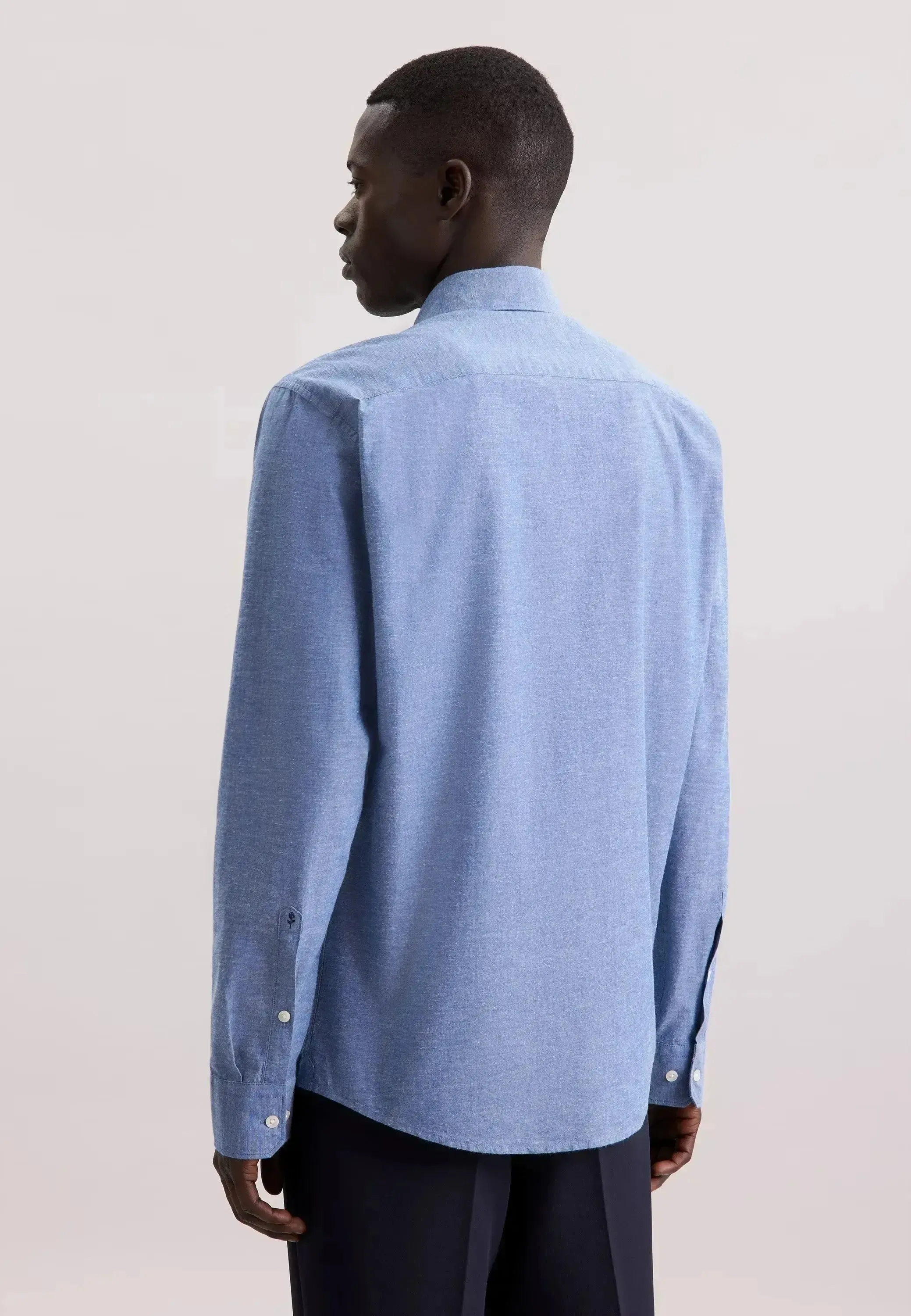 Seidensticker Mens Regular Fit Button Down Linen Blend Chambray Shirt Mid Blue - Image 3