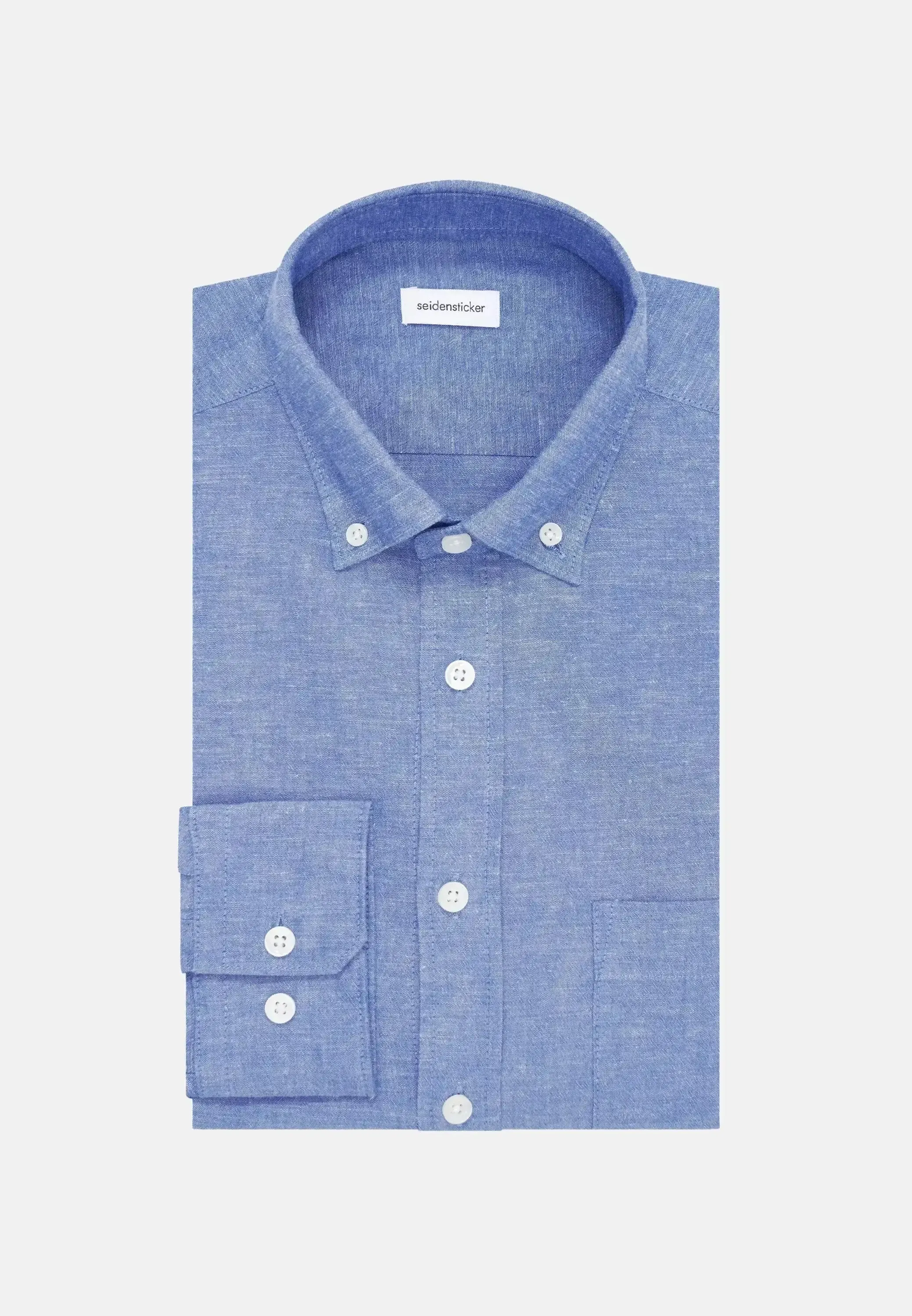 Seidensticker Mens Regular Fit Button Down Linen Blend Chambray Shirt Mid Blue - Image 9