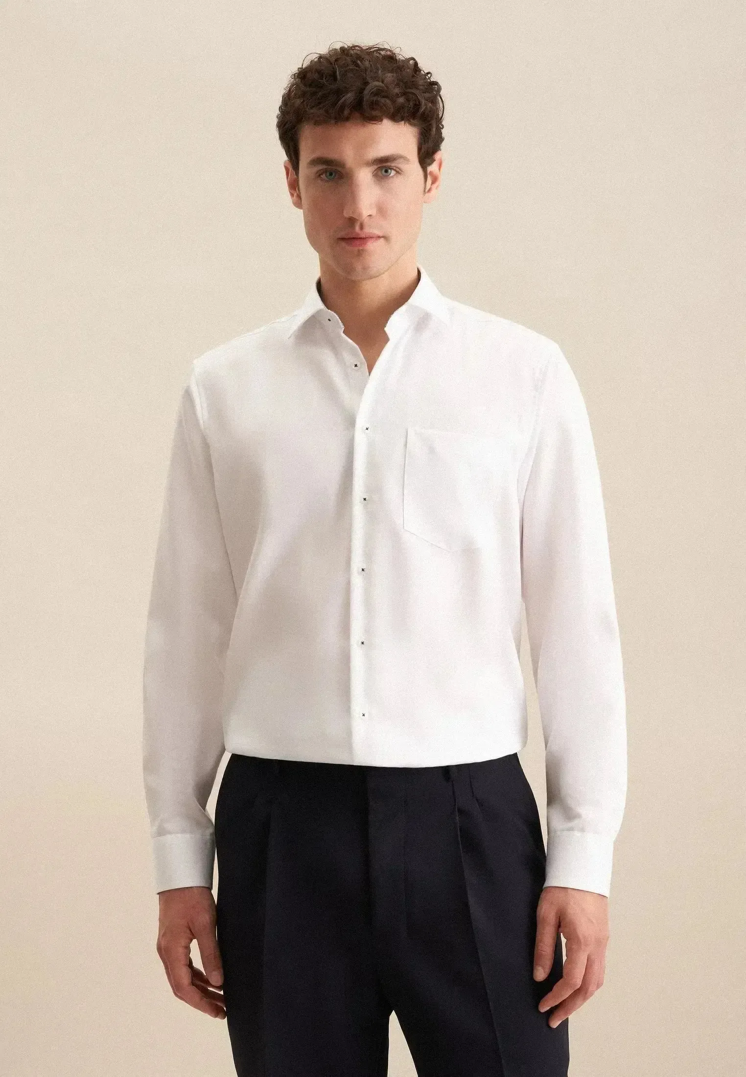 Seidensticker Mens Regular Fit No Iron Business Kent Contrast Patch Business Shirt White - Image 8