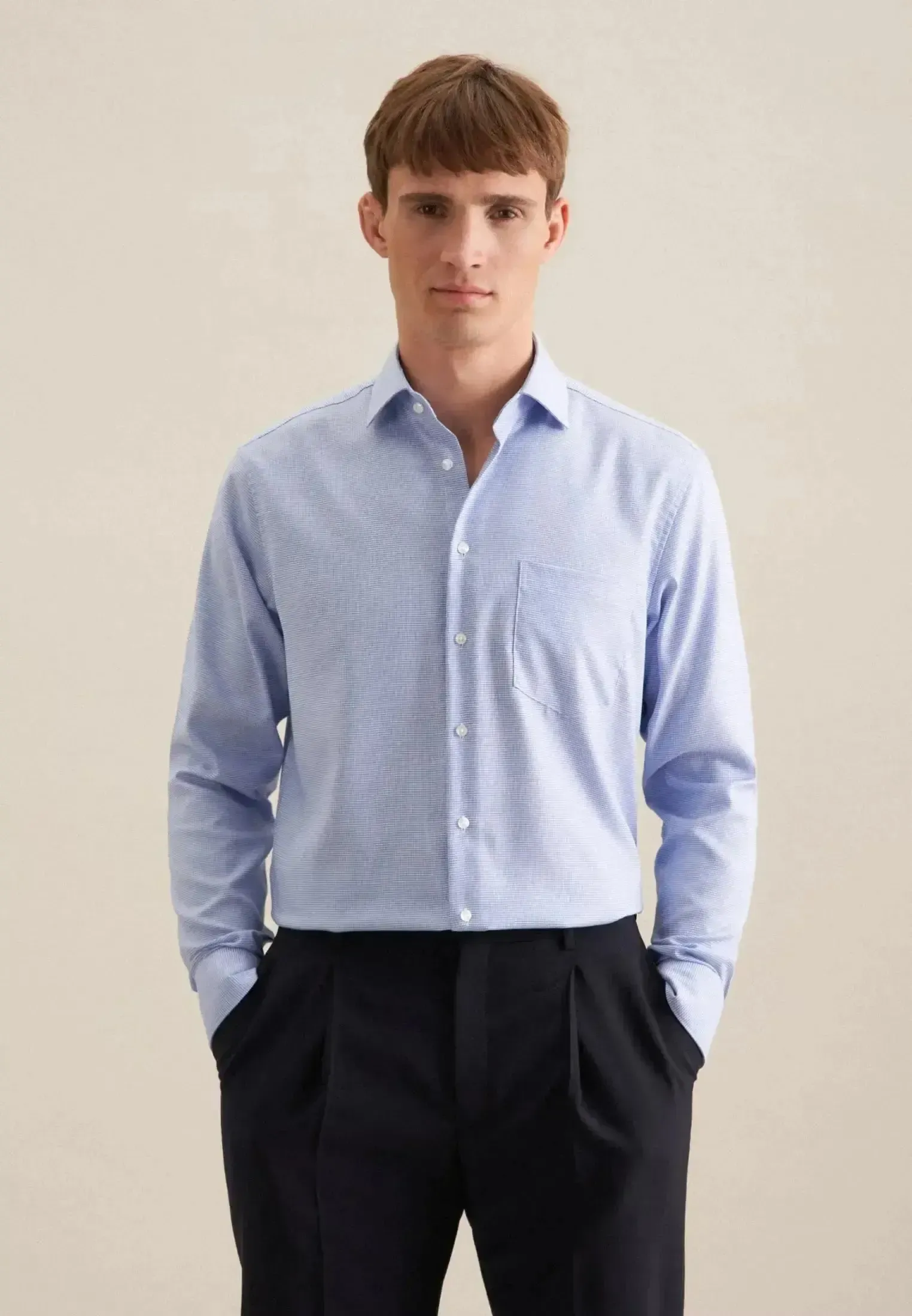 Seidensticker Mens Regular Fit No Iron New Kent Structured Business Shirt Light Blue - Image 2