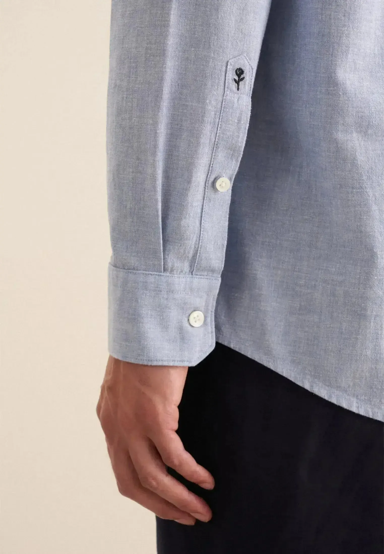 Seidensticker Mens Seidensticker Mens Regular Fit Button Down Linen Blend Chambray Shirt Light Blue - Image 5