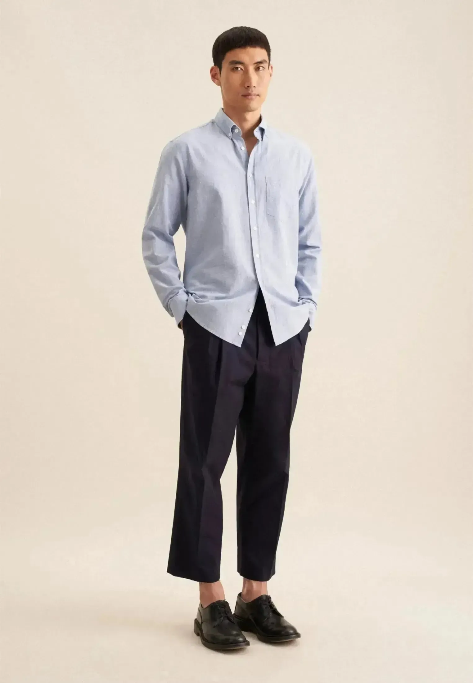 Seidensticker Mens Seidensticker Mens Regular Fit Button Down Linen Blend Chambray Shirt Light Blue - Image 6