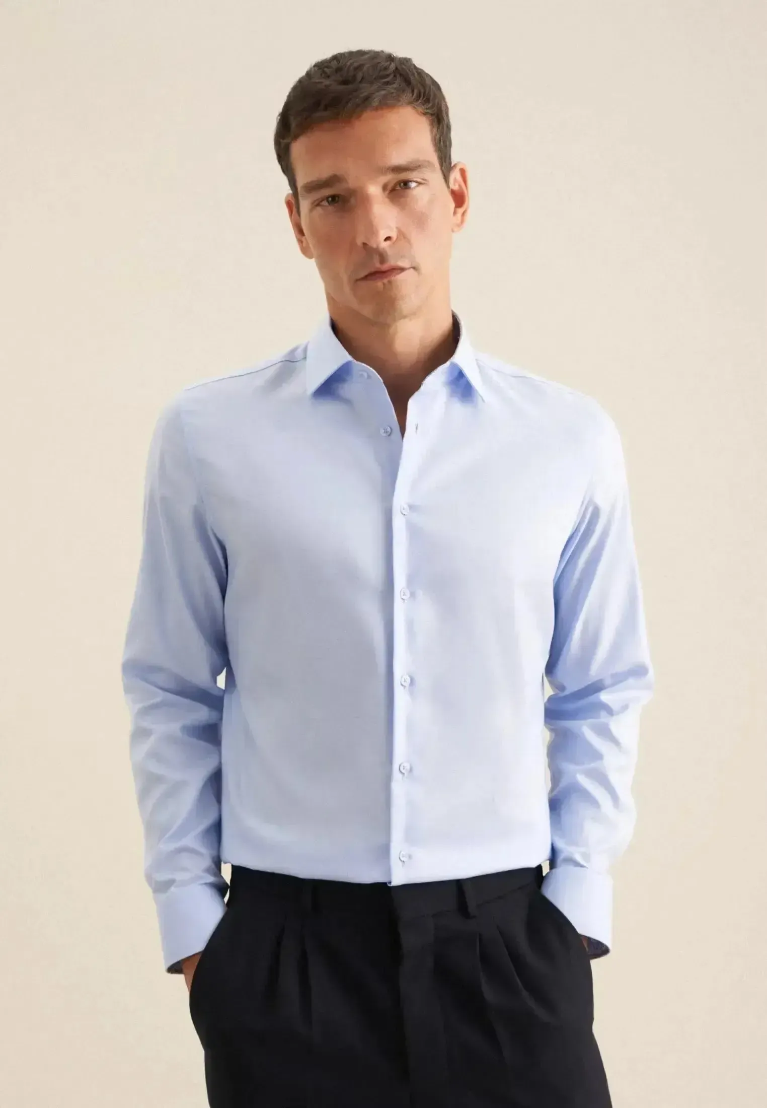 Seidensticker Mens Slim Fit Easy Iron Business Kent Contrast Patch Business Shirt Light Blue - Image 8