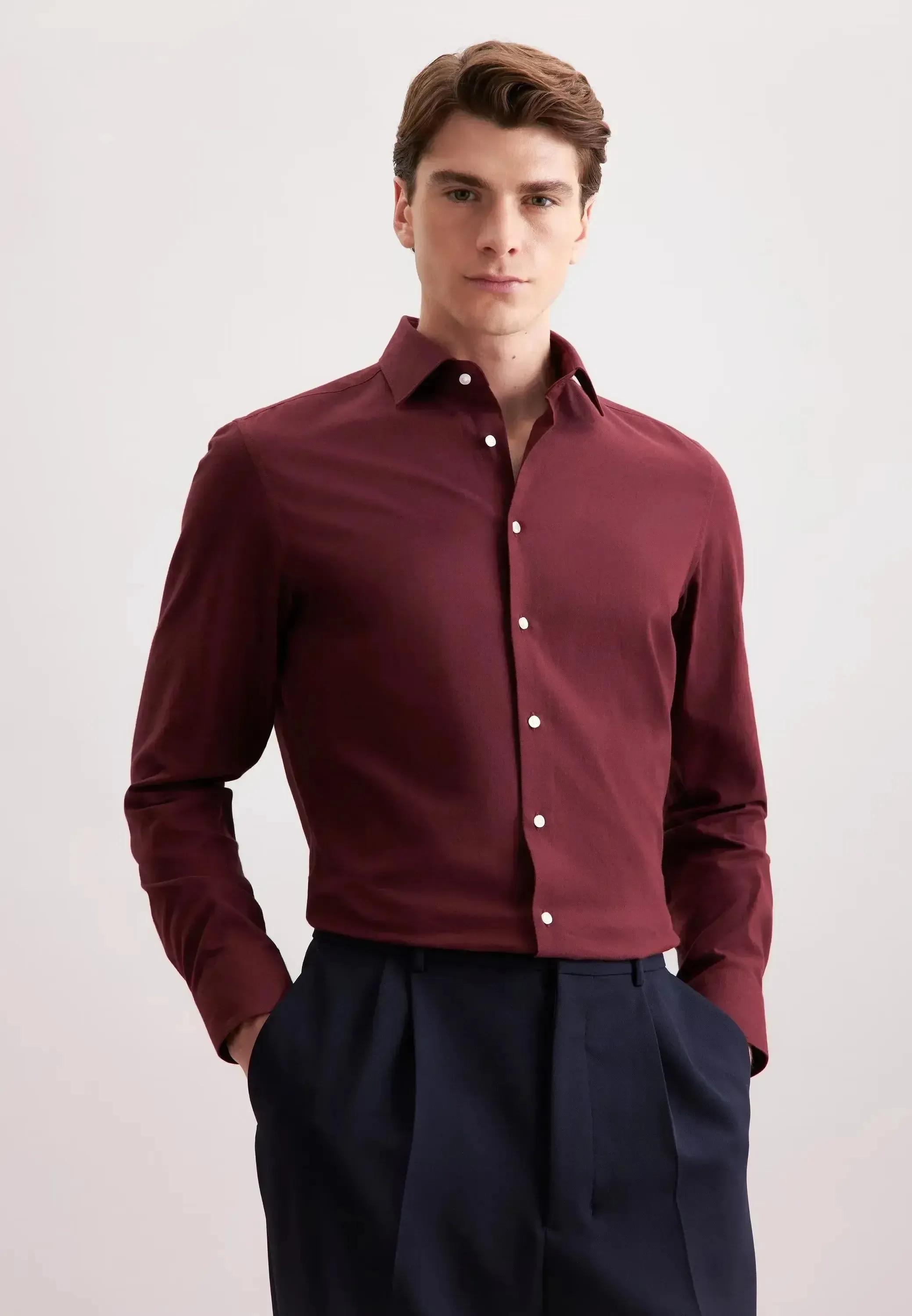 Seidensticker Mens Slim Fit New Kent Flannel Shirt Burgundy - Image 2