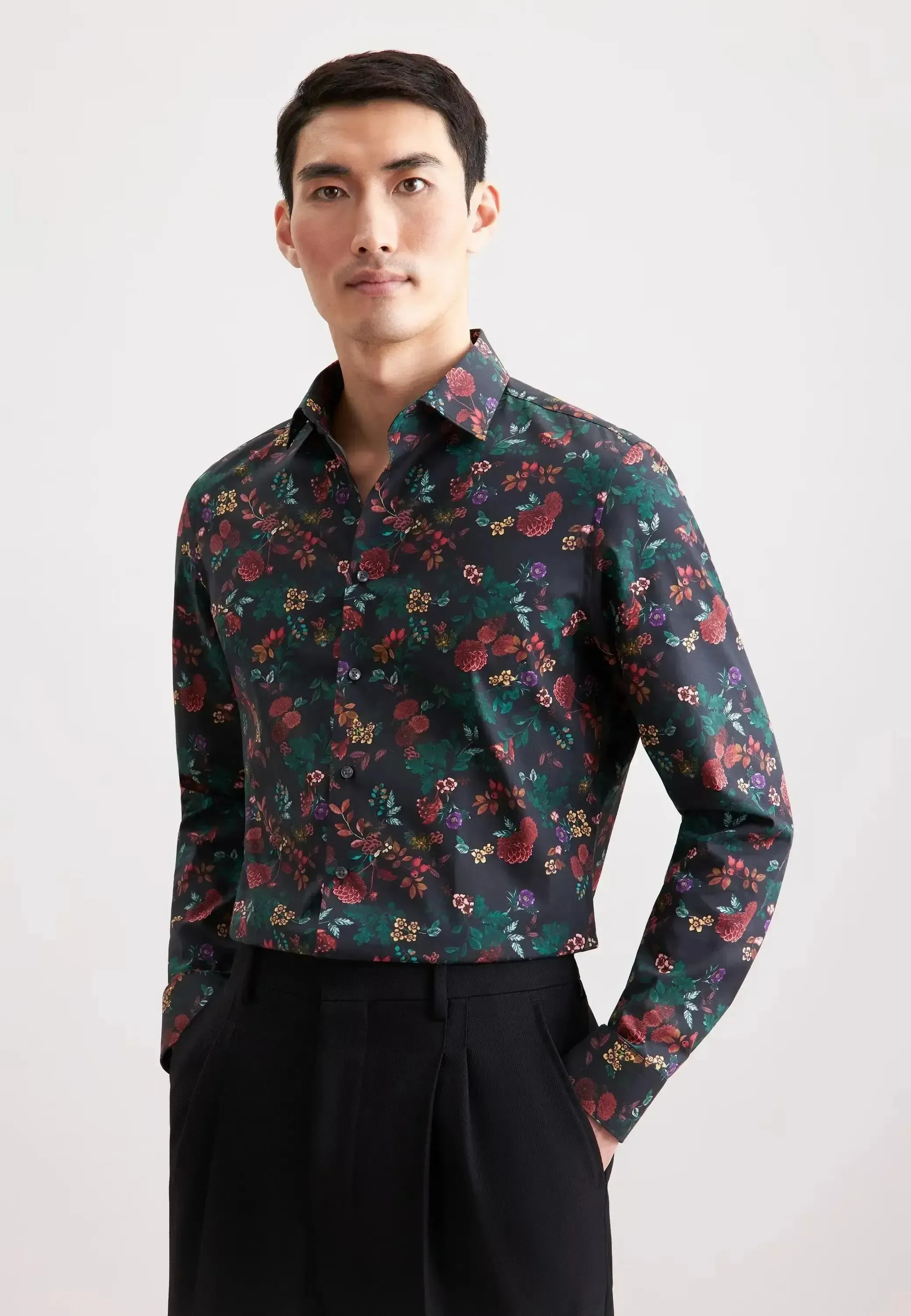 Seidensticker Mens Slim Fit New Kent Floral Shirt Grey - Image 2