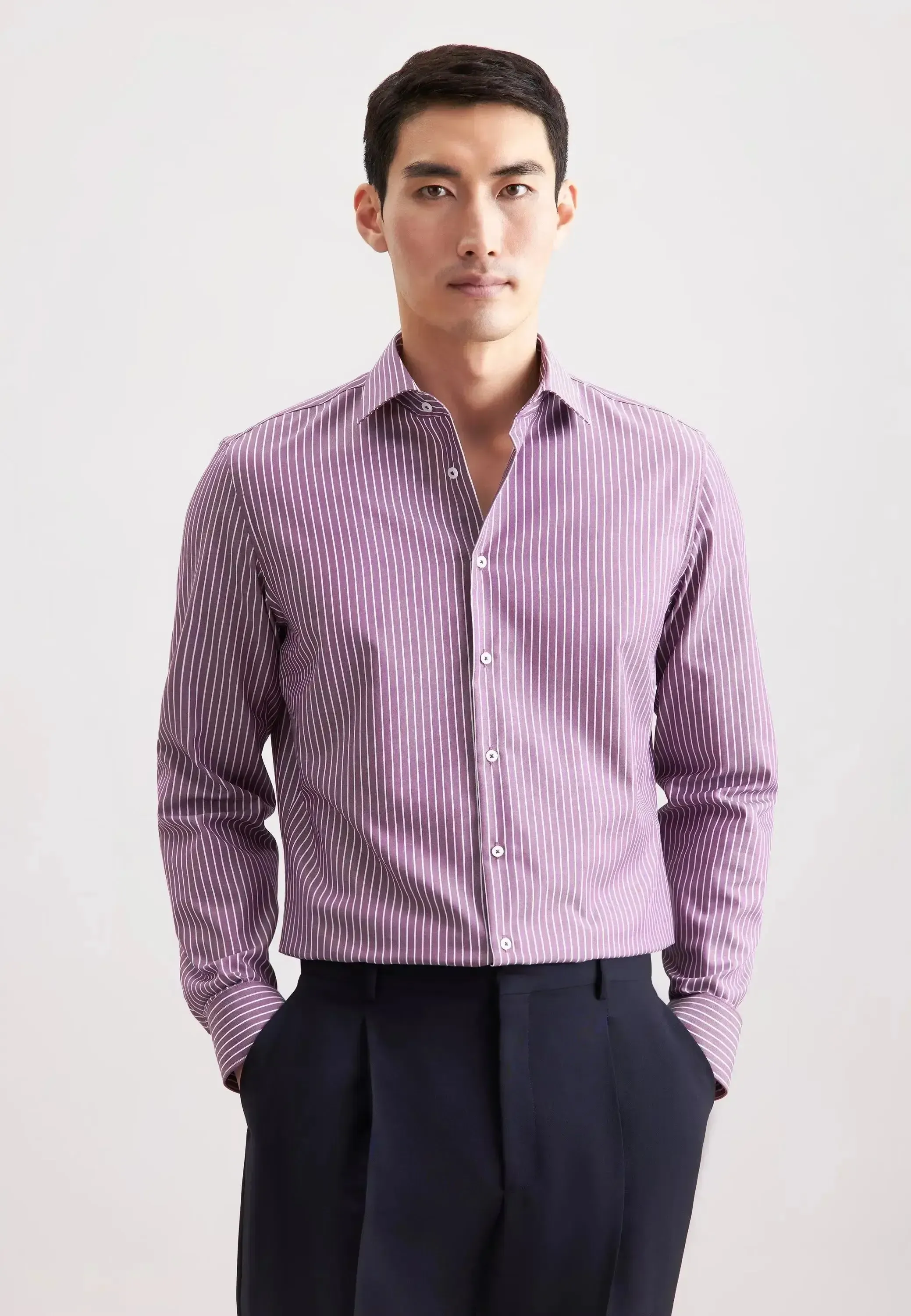 Seidensticker Mens Slim Fit No Iron New Kent Striped Business Shirt Lilac - Image 2